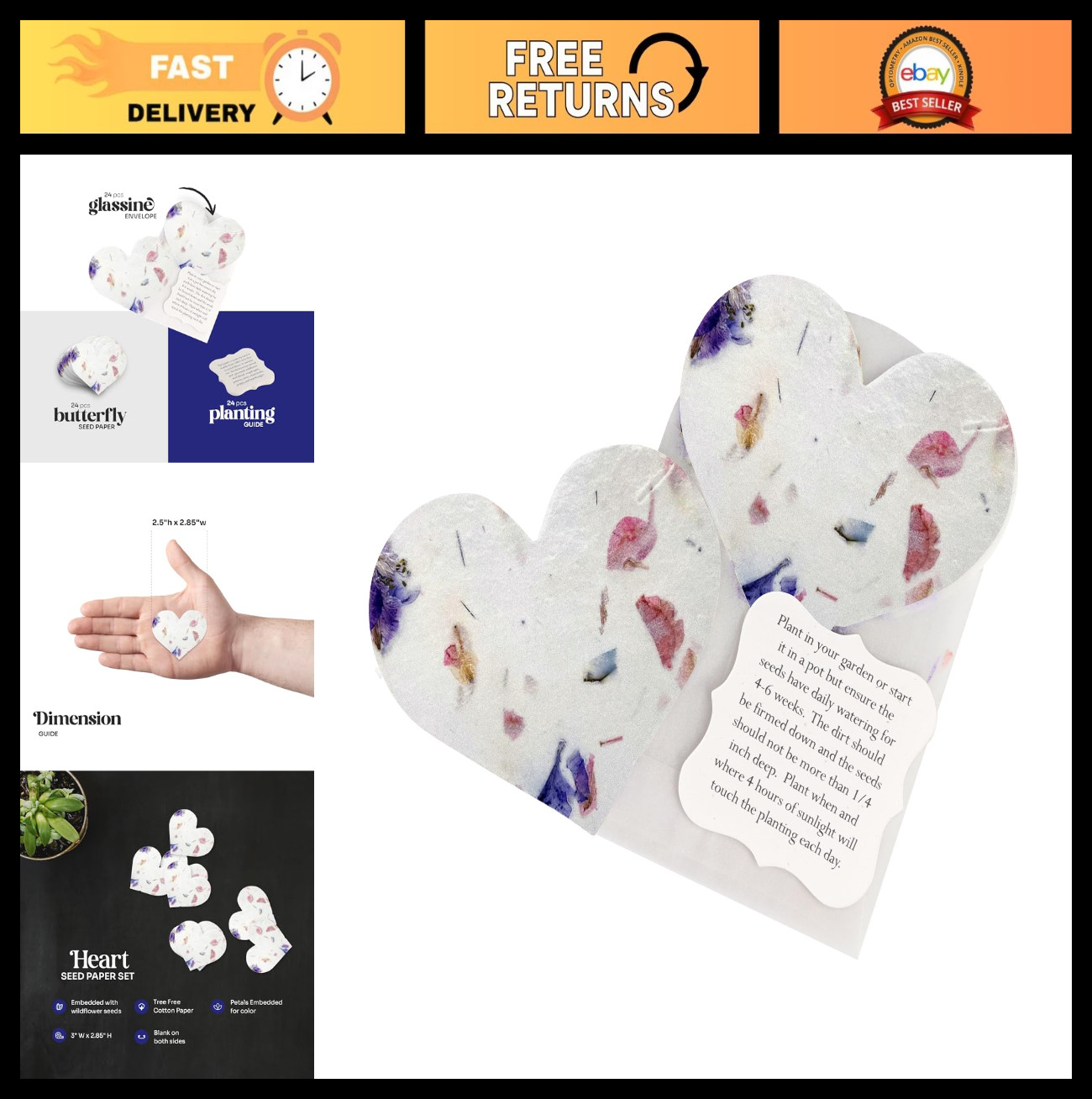 24 Mixed Heart Seed Paper – Writable Plantable Wildflower Hearts with Envelopes,