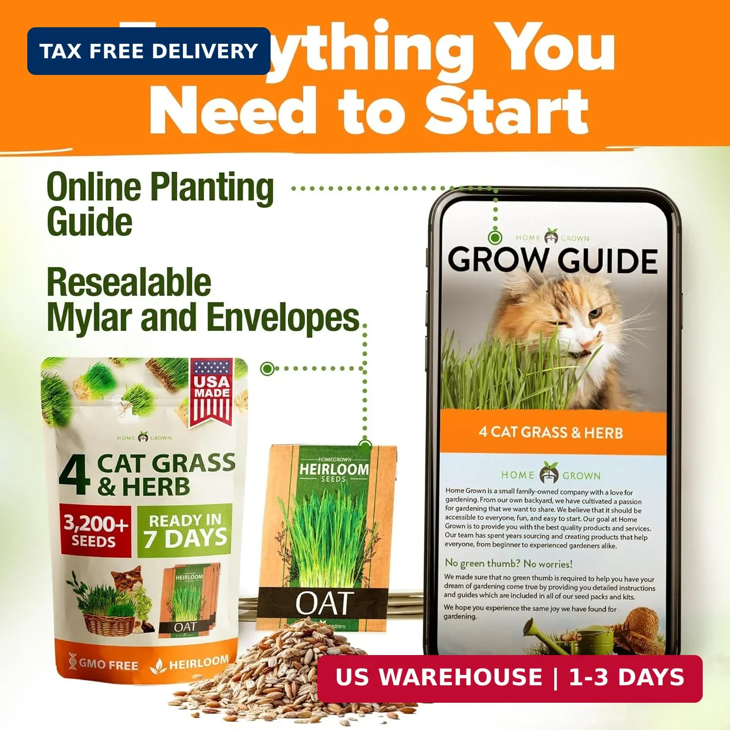 Home Grown 3200+ Indoor Cat Grass Refill – Non-GMO USA Grown Catnip, Oat & Alfal
