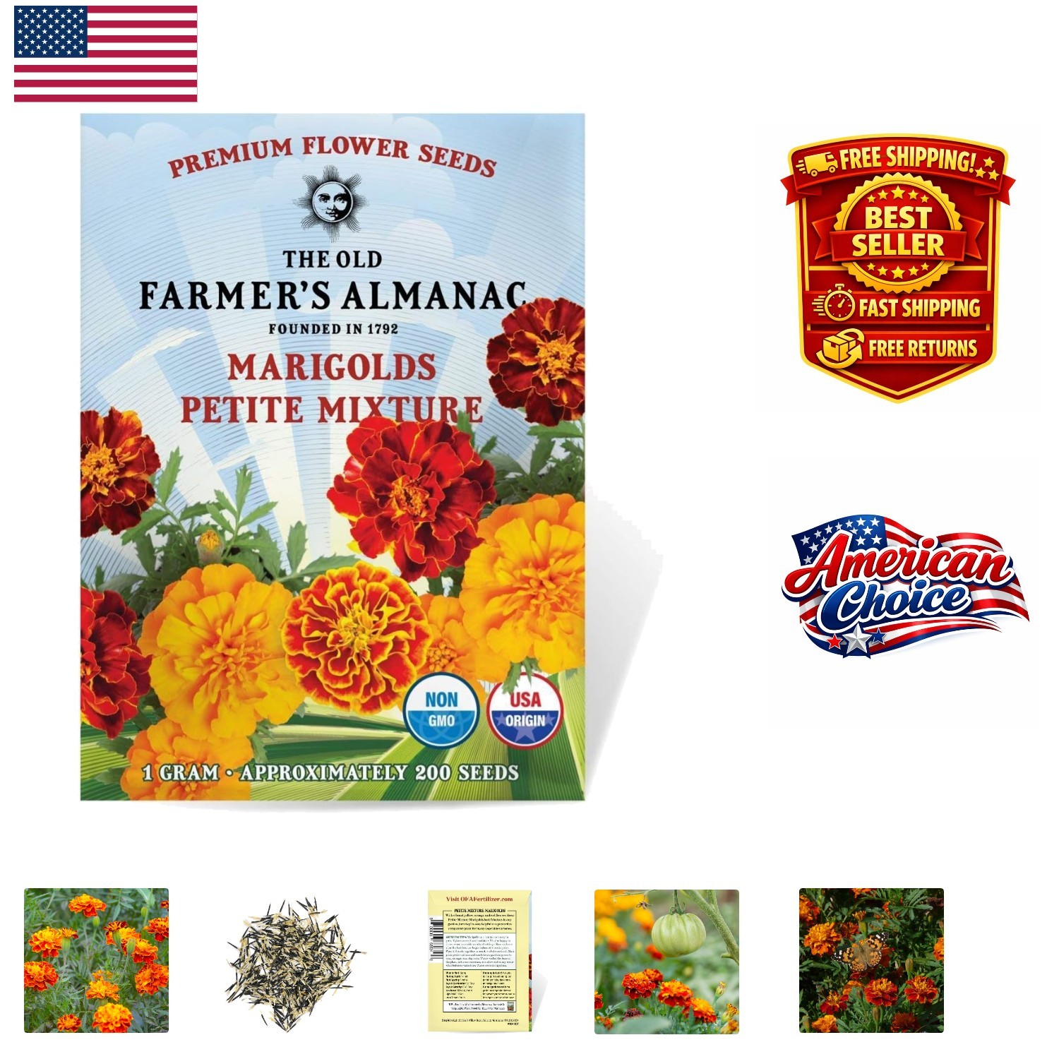 Fragrant Marigold Seeds – Petite Mixture for All Seasons, 200 Non-GMO Seeds
