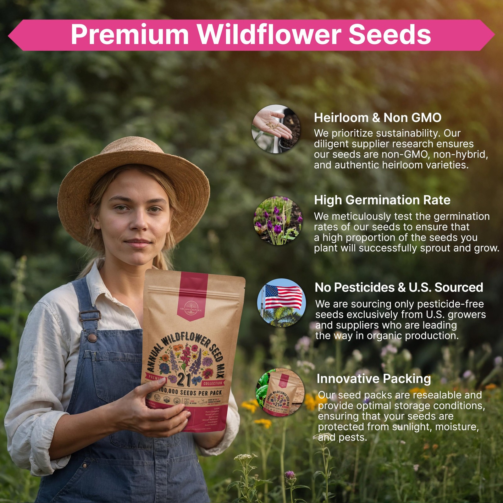 Wildflower Seed Mix for Indoor & Outdoor Gardening, 100,000+ NonGMO Seeds