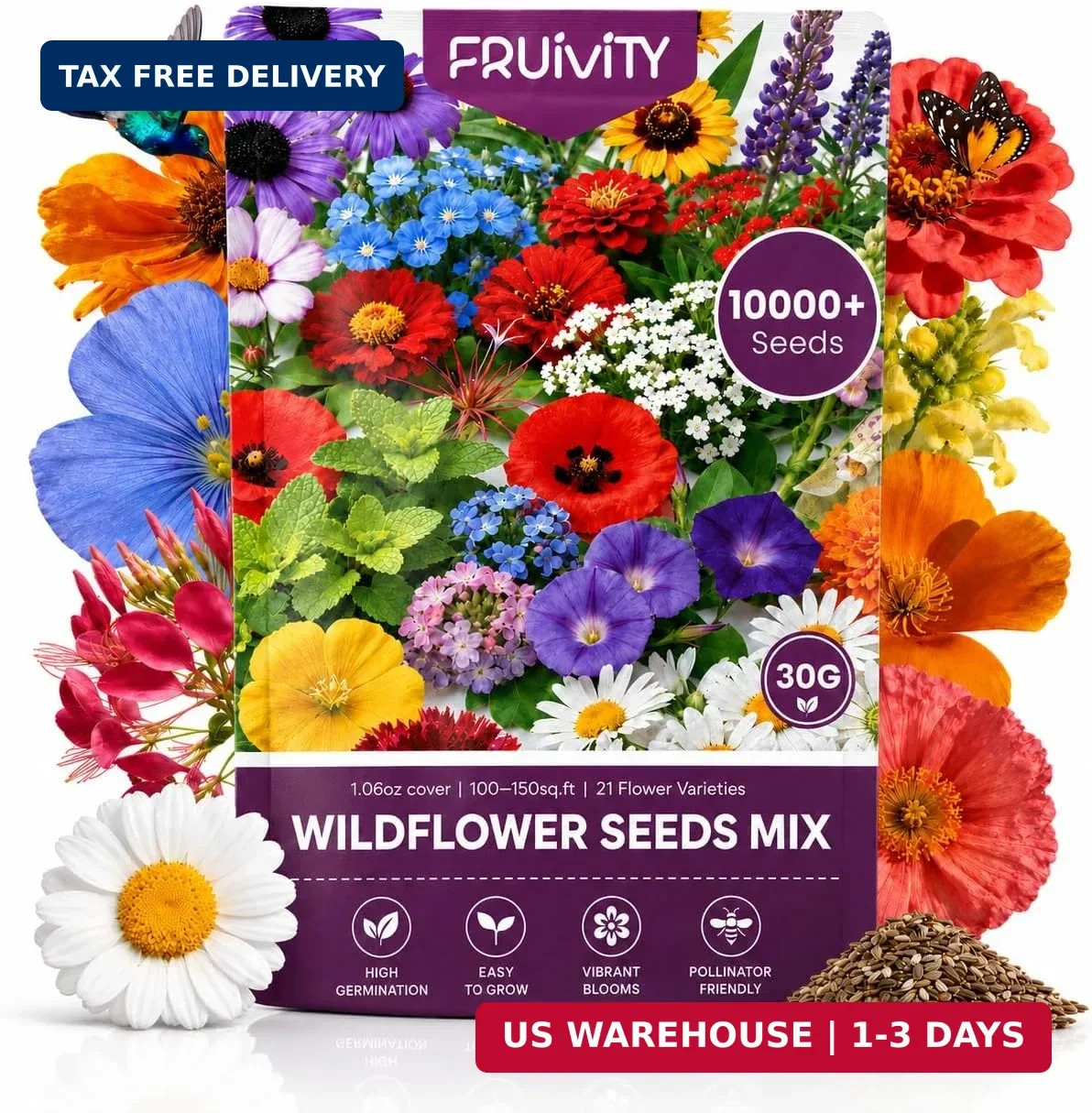 Wildflower Seeds Bulk 10000+, 1.06oz Butterfly Hummingbird Mix, 21 Variety Peren