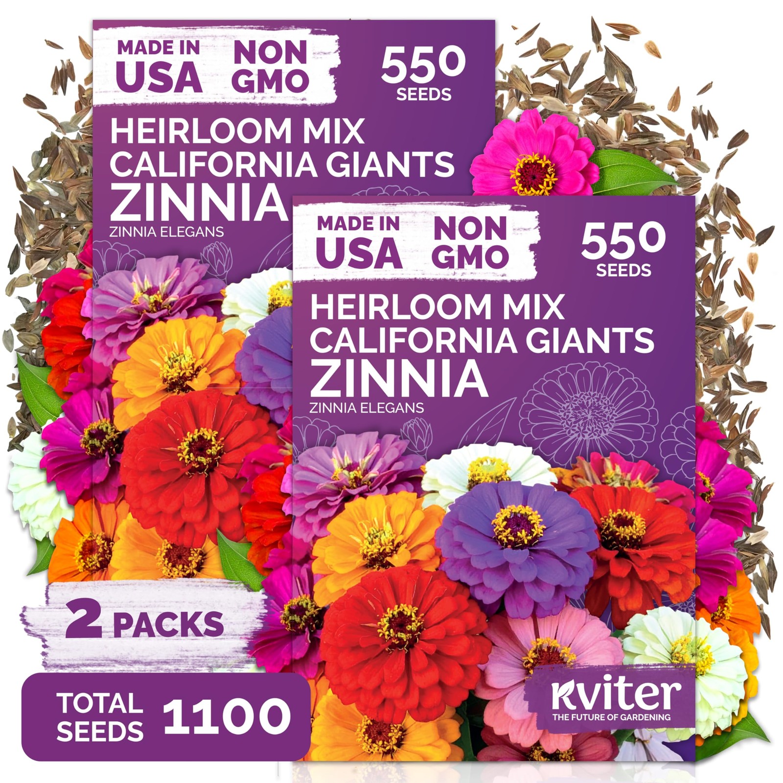 KVITER 1,100 Mix California Giant Zinnia Seeds (Zinnia Elegans), 2 Pack