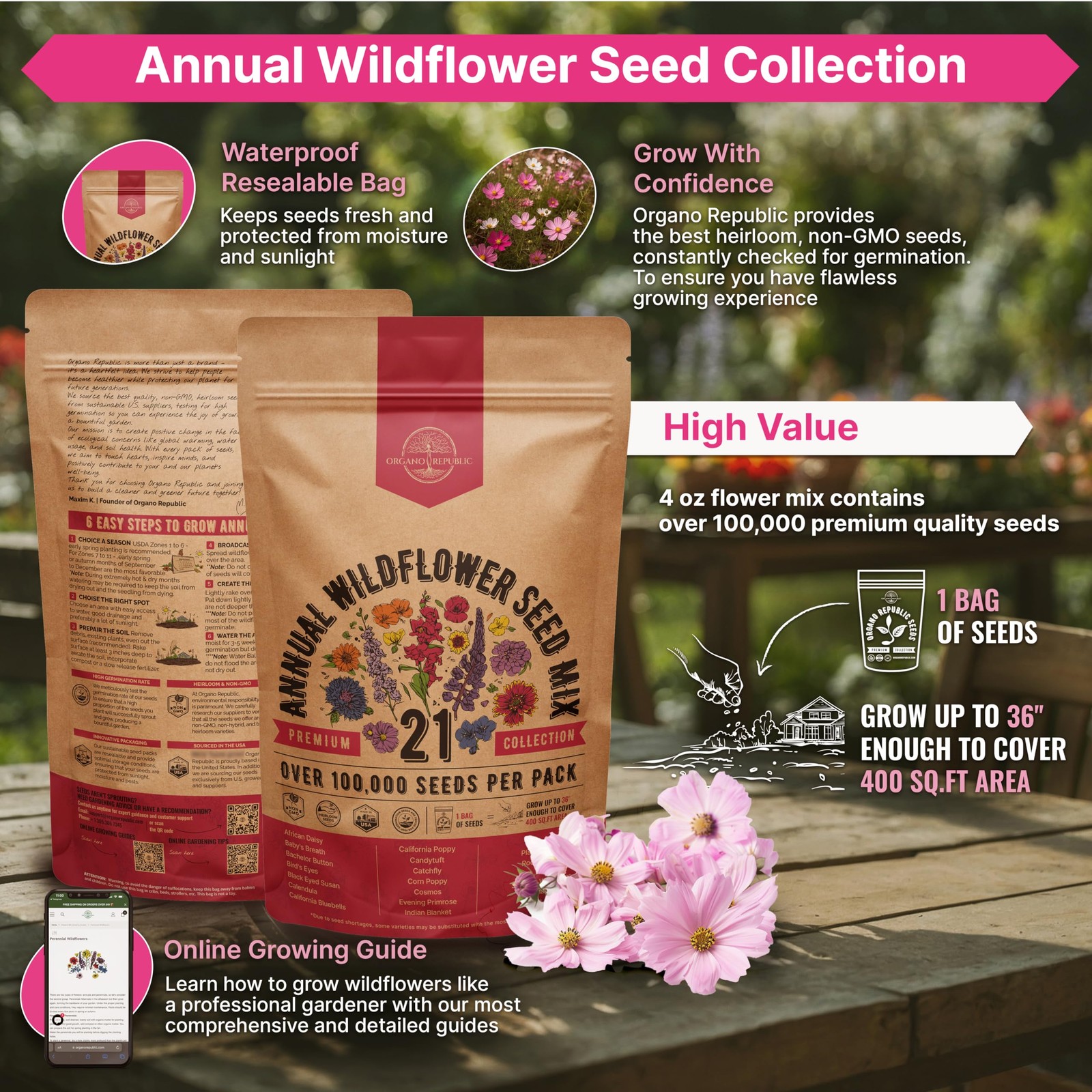Wildflower Seed Mix for Indoor & Outdoor Gardening, 100,000+ NonGMO Seeds