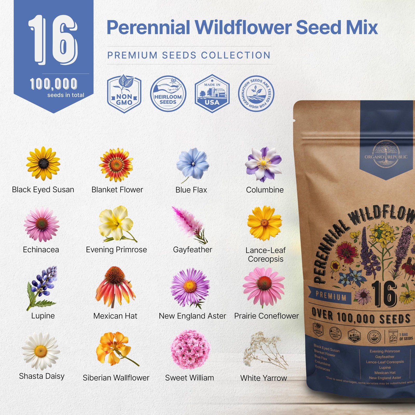 Best Organo Republic 16 Perennial Wildflower Seeds Mix for Indoor & Outdoors.