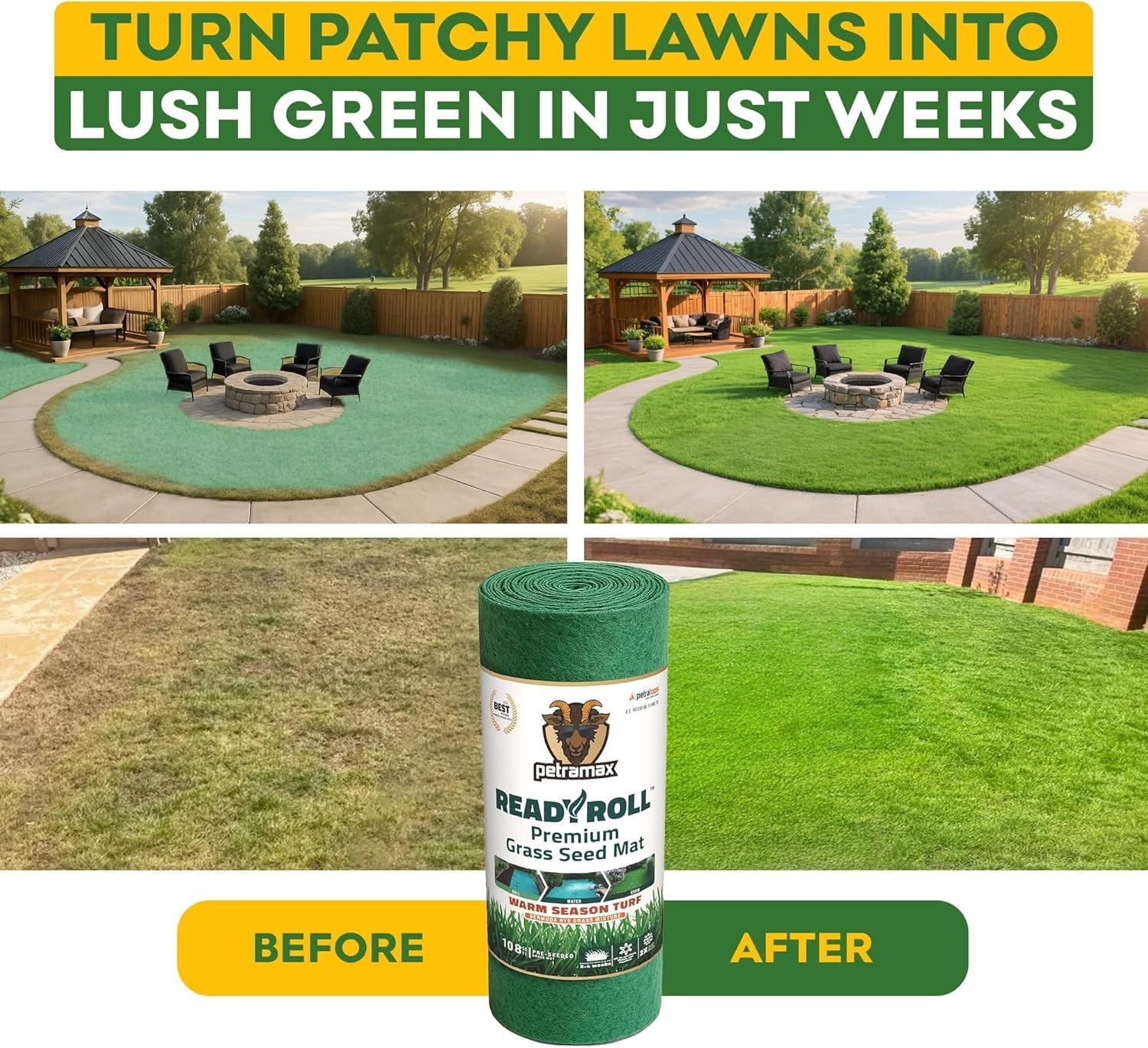 Biodegradable Bermuda Grass Seed Mat 54 Sq Ft – 3-in-1 Lawn Repair Rolls, Heat T