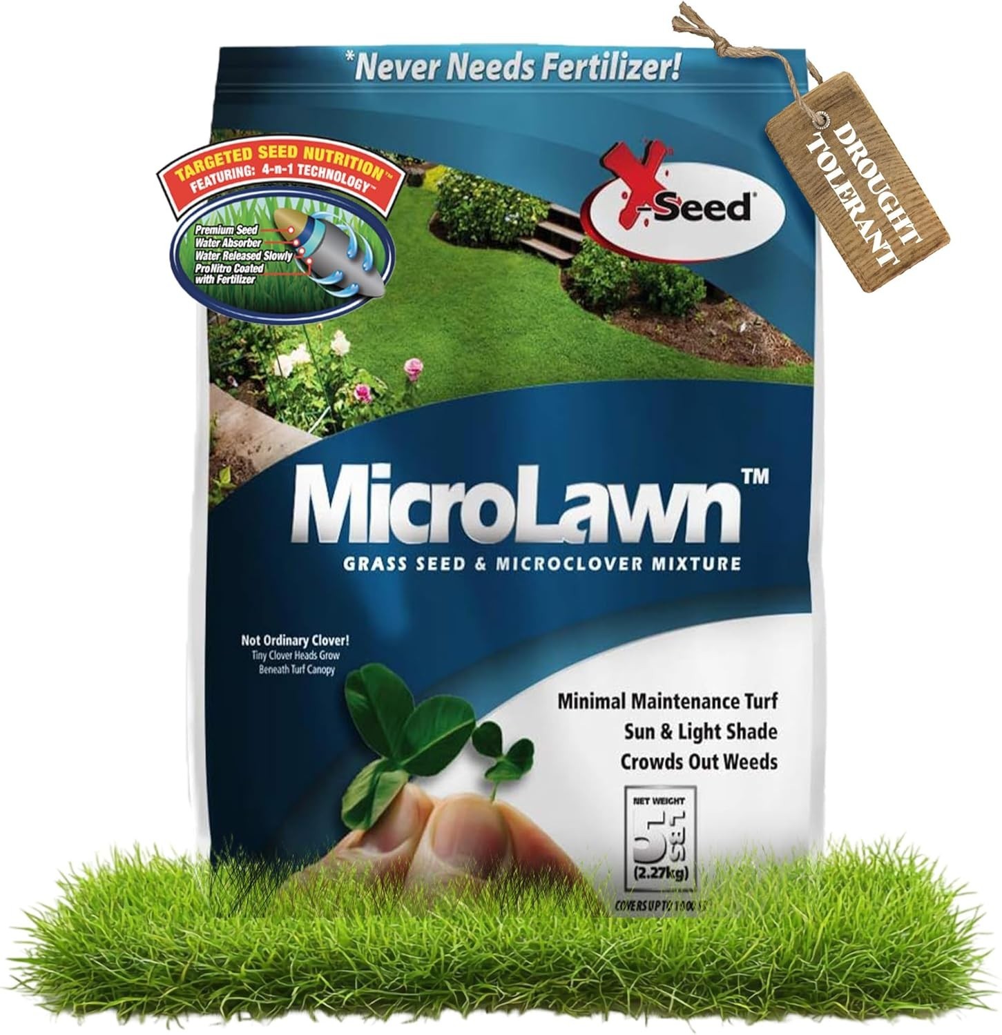 X-Seed Microlawn Grass Seed & Microclover Mix – Dense Self Feeding Lawn, Sun &