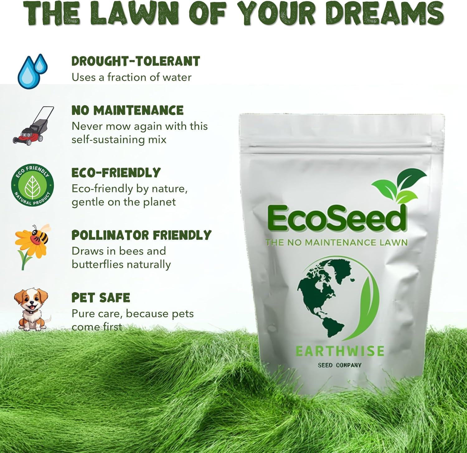 Earthwise Ecoseed Grass Seed – No Mow, Low Maintenance Lawn Seed Mix, Fine Fescu