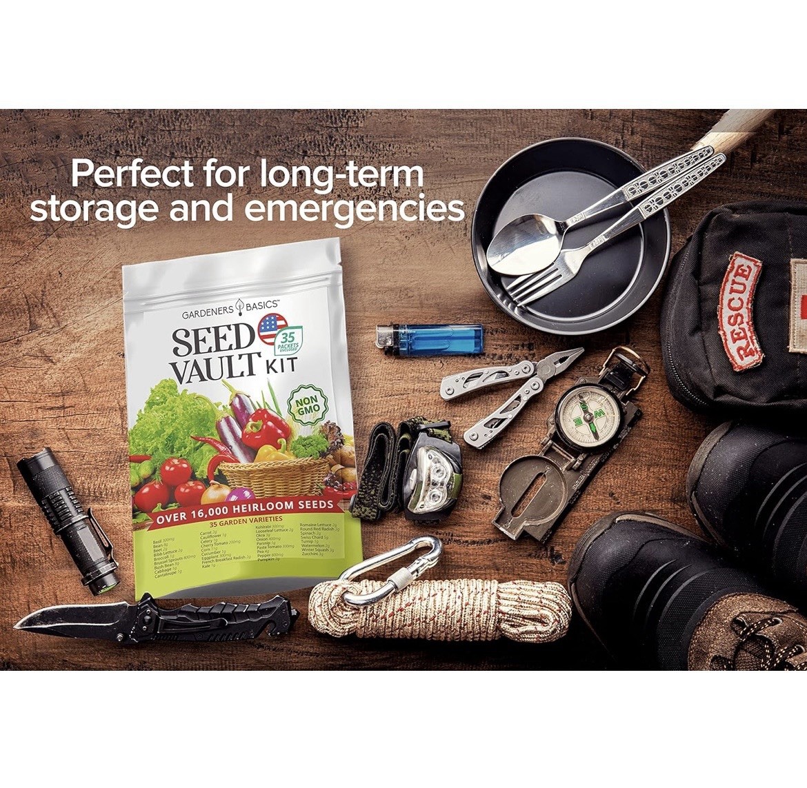 Gardeners Basics Survival Vegetable Seeds Garden Kit Over 16,000 Seeds Non-GMO a