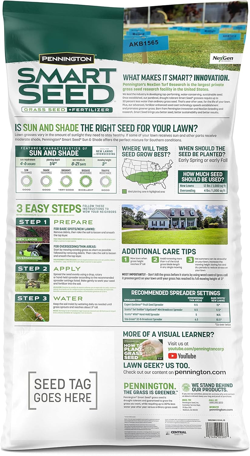 Pennington Smart Seed Southern Sun and Shade Grass Seed and Fertilizer Mix, 20