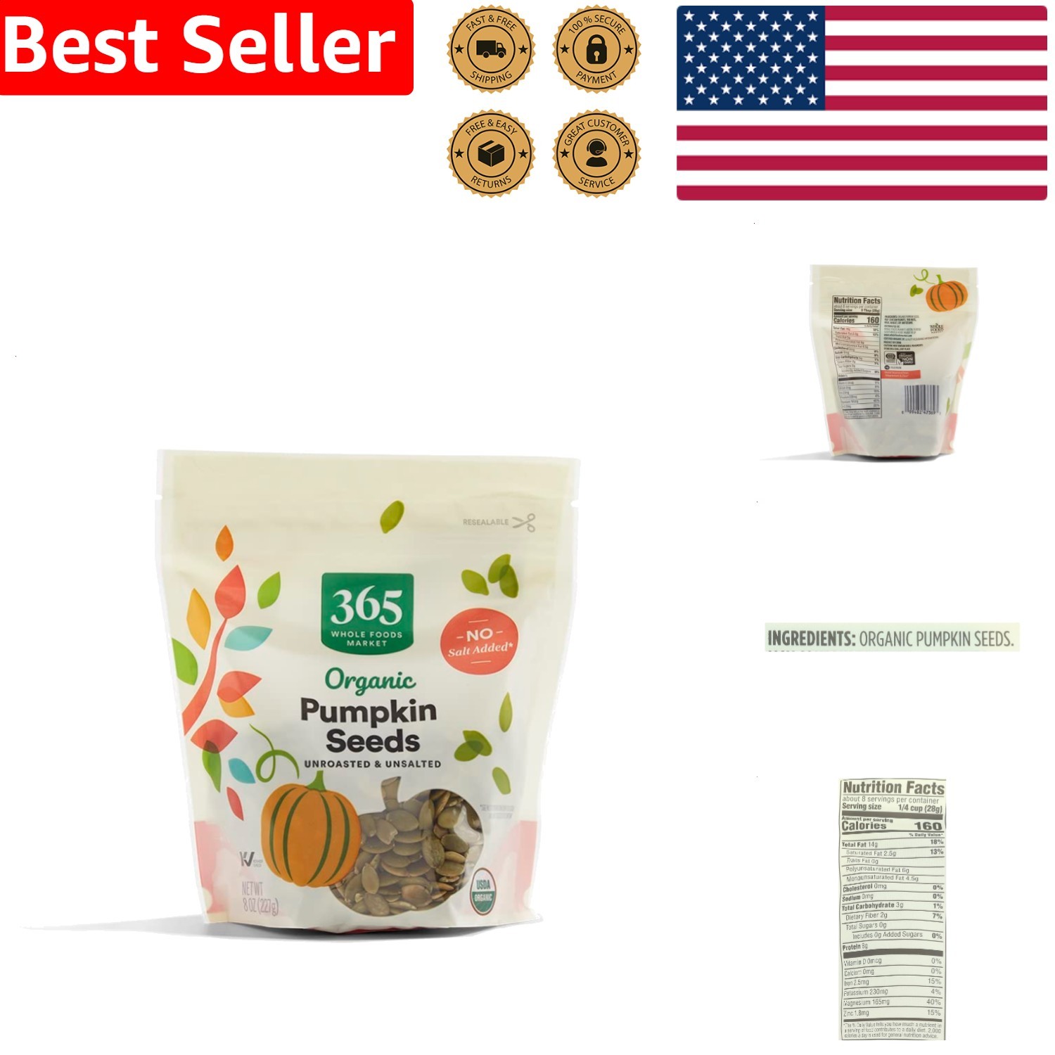 Pumpkin Seeds 8 oz Bag – Whole Unsalted Unroasted Kosher Pure Superfood