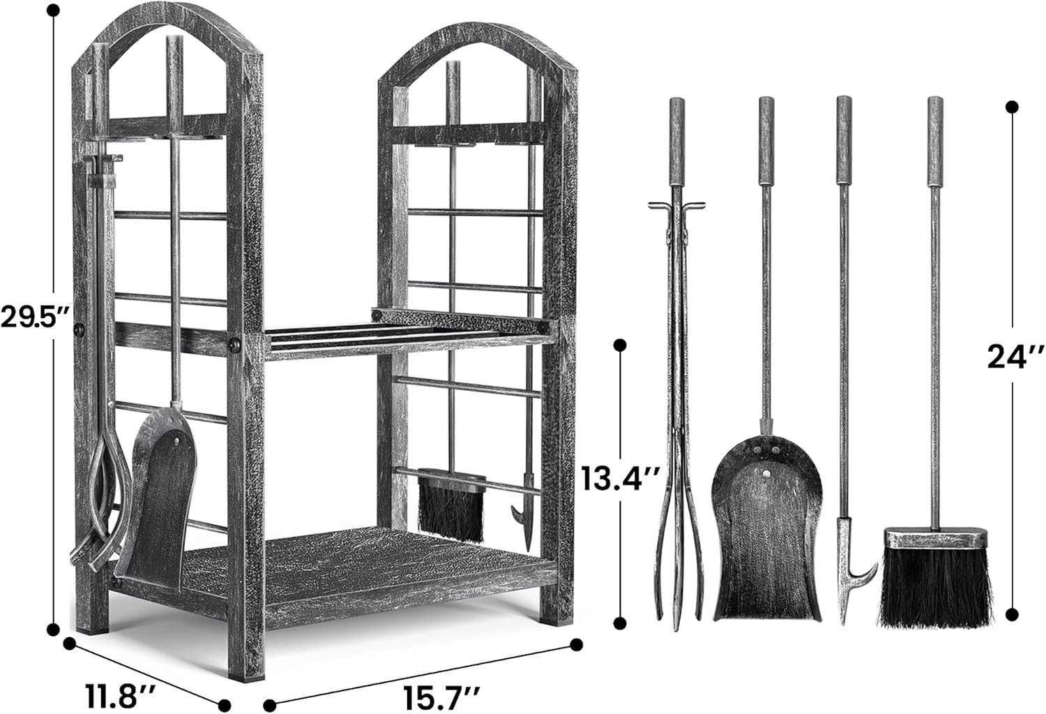 Antique Silver Firewood Rack with 5-Piece Tool Set for Fireplace & Fire Pit