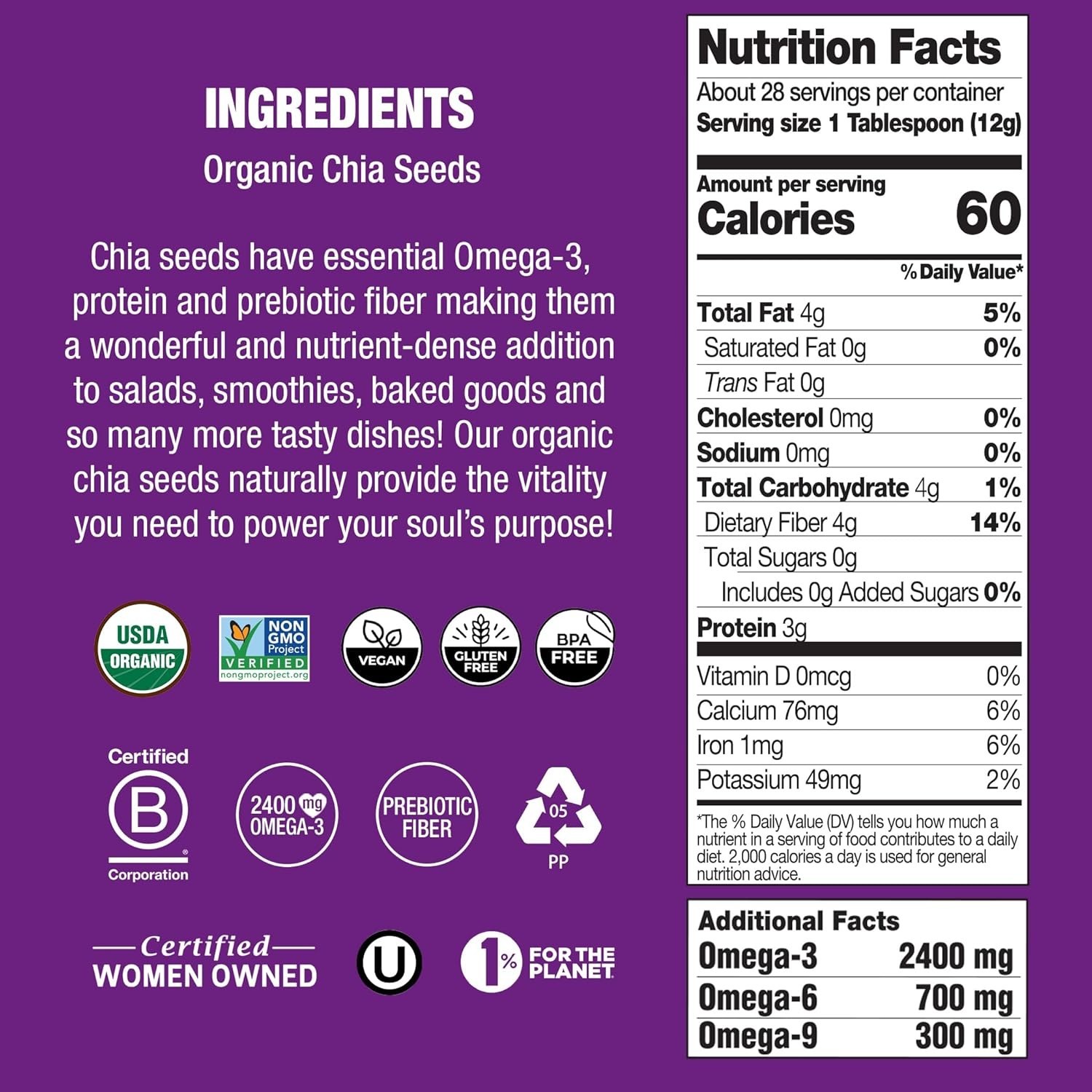 USDA Organic White Chia Seeds, 12 Ounce Pack – , Gluten Free Superfood