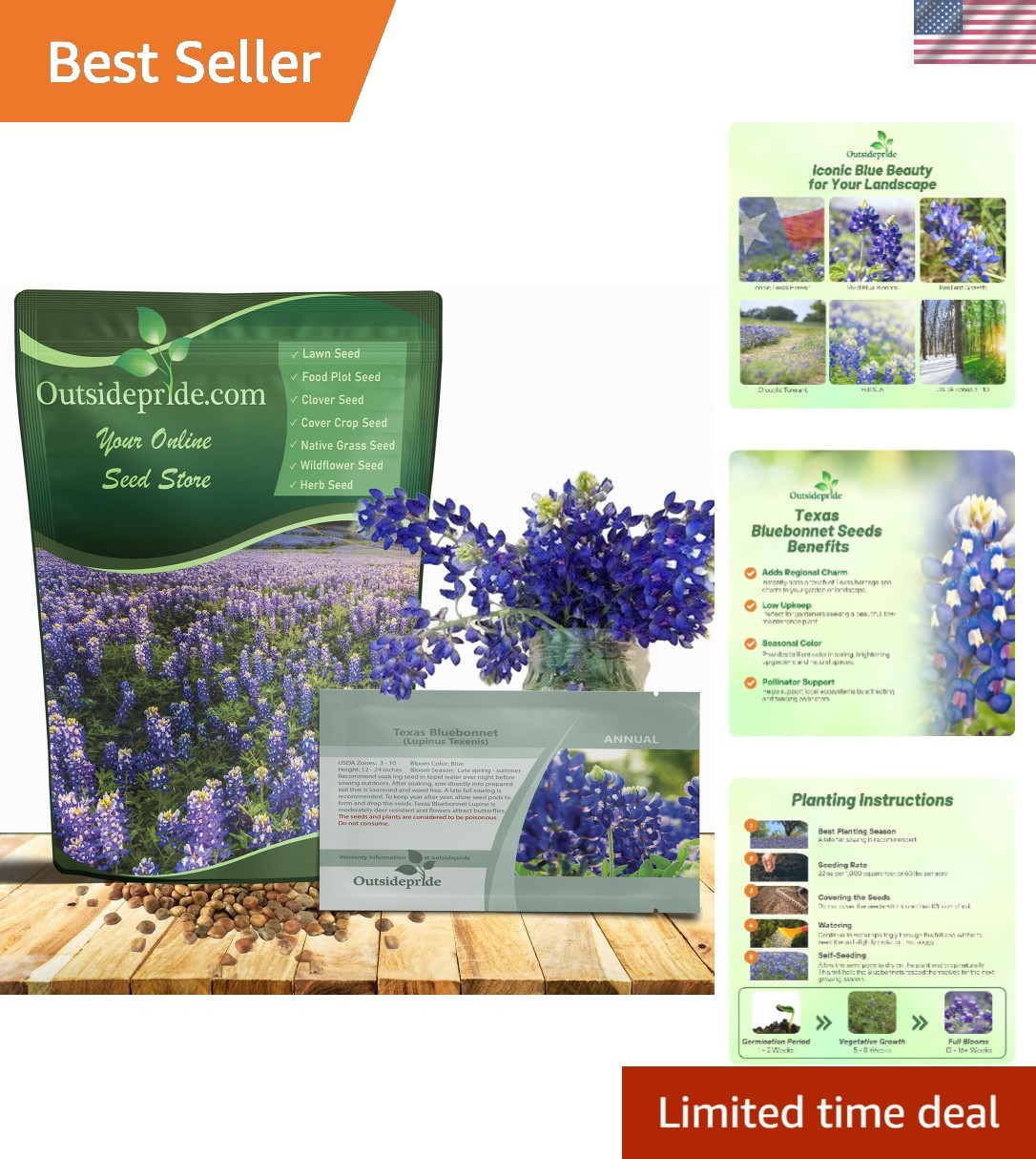 Texas Bluebonnet Seeds – 1/4 lb. Annual Lupinus Texensis, Heirloom Quality, D…