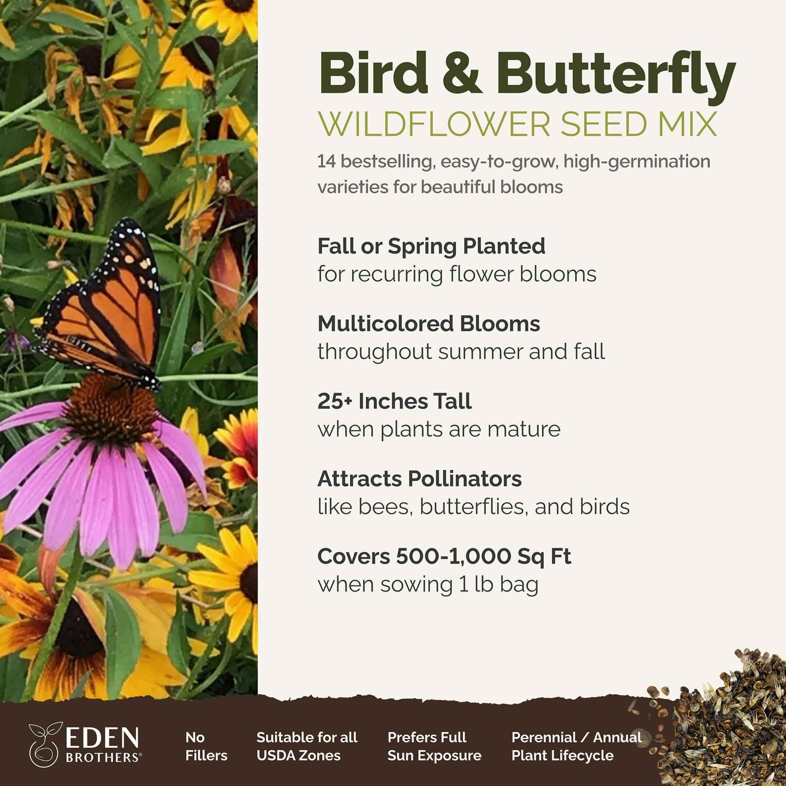 Wildflower Mixed Seeds for Planting, 1 lb, Attract Pollinators, Zones 3-10