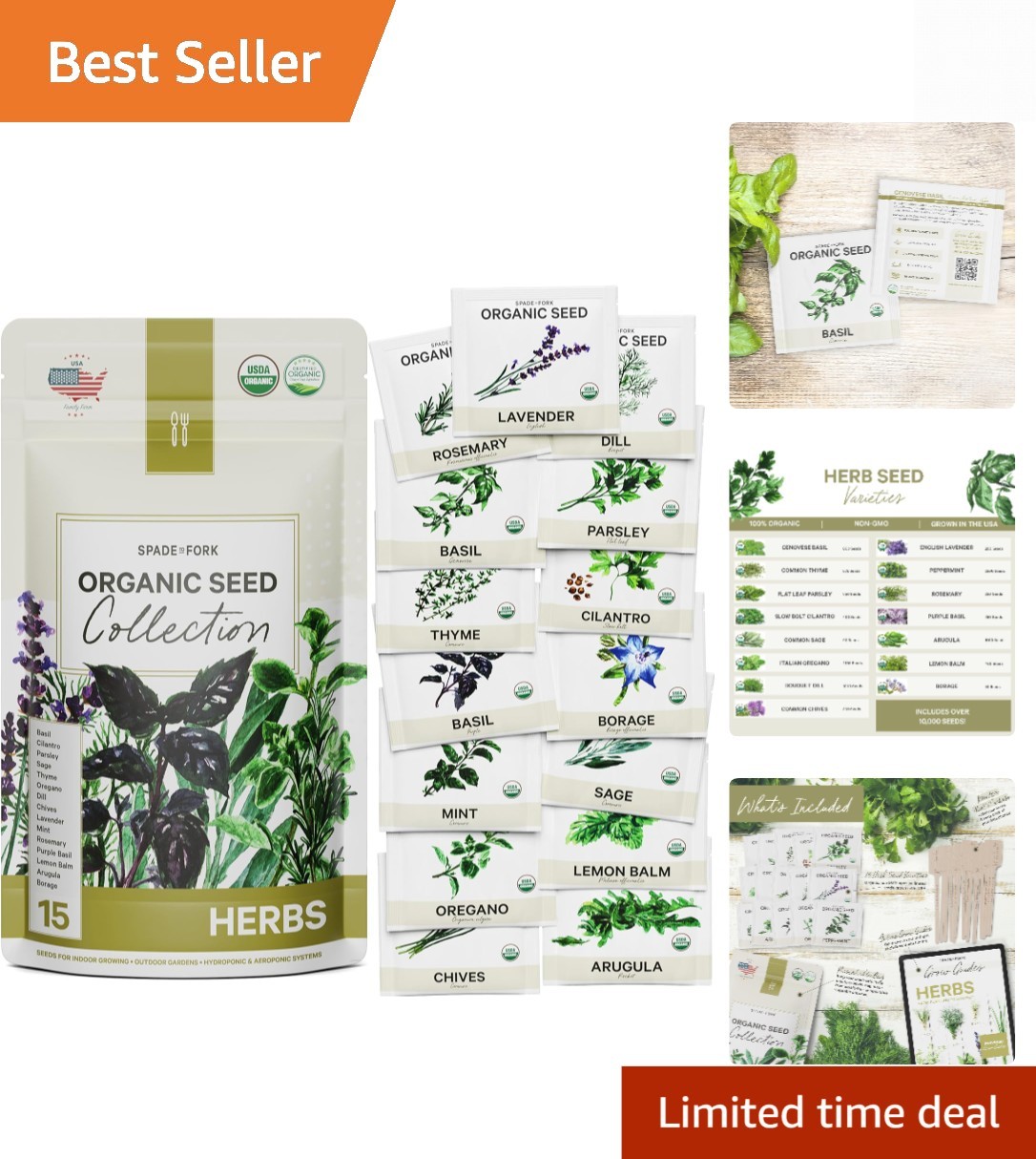 15 Certified Organic Herb Seeds Variety Pack 4X More 10,000+ Non GMO Seeds fo…