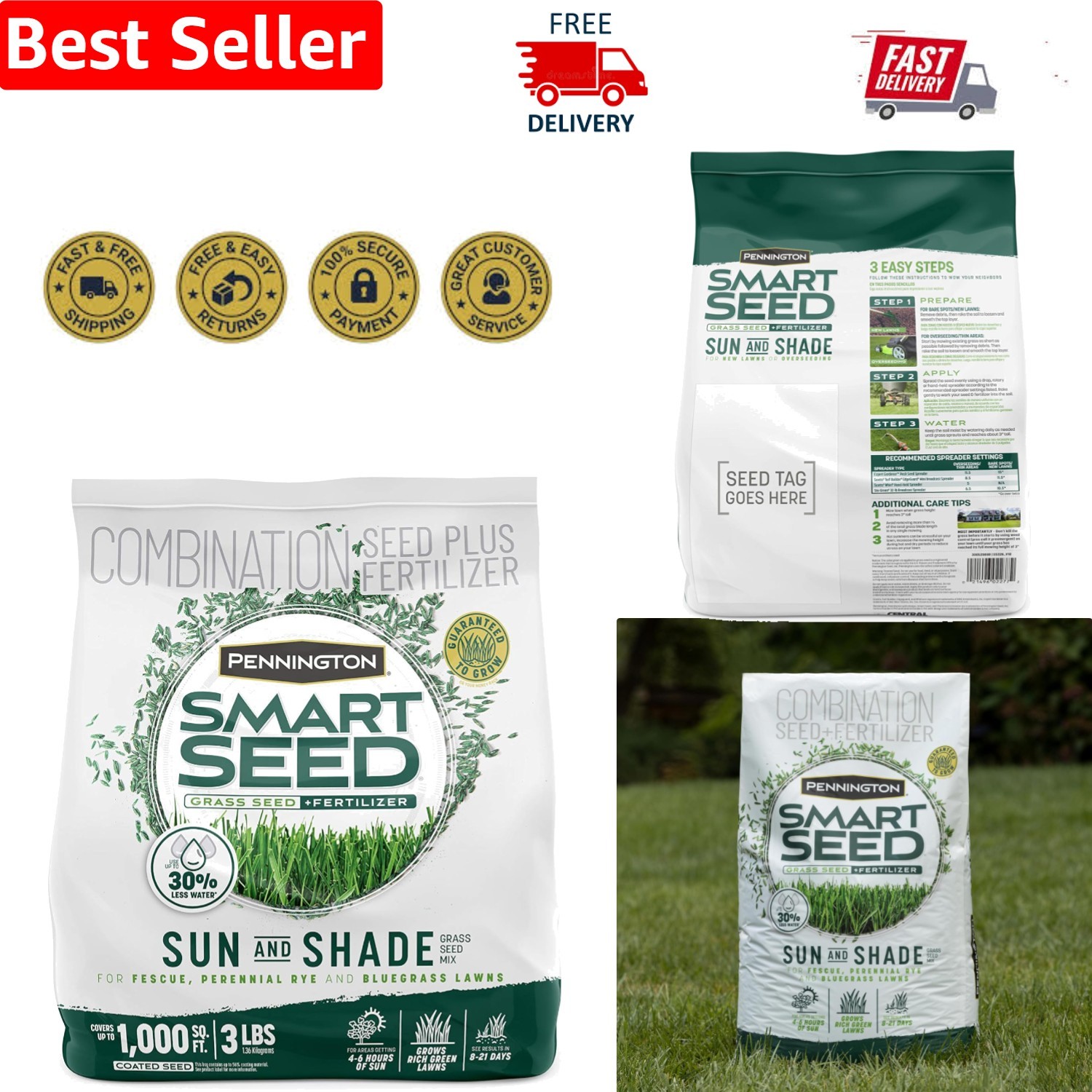 Smart Sun & Shade Grass Seed Mix, 3lb – Kentucky Bluegrass & Tall Fescue Blend