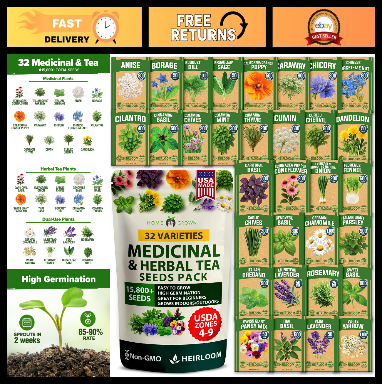 32 Medicinal Herb Seeds Variety Pack – Non-GMO, Heirloom, Easy to Grow for Indoo