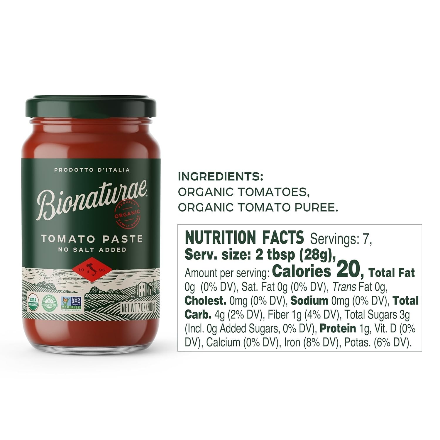 Pure Organic Tomato Paste in Glass Jars – No Added Salt, Made in Italy, 7 Oz