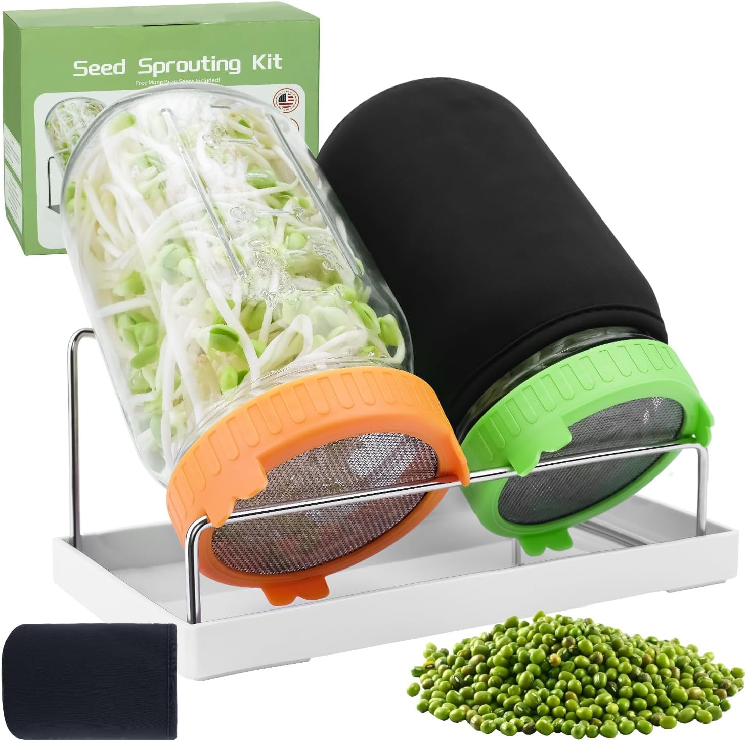 Seed Sprouting Kit with Mung Beans 80G, 2 Large Wide Mouth Mason Jars with Sprou