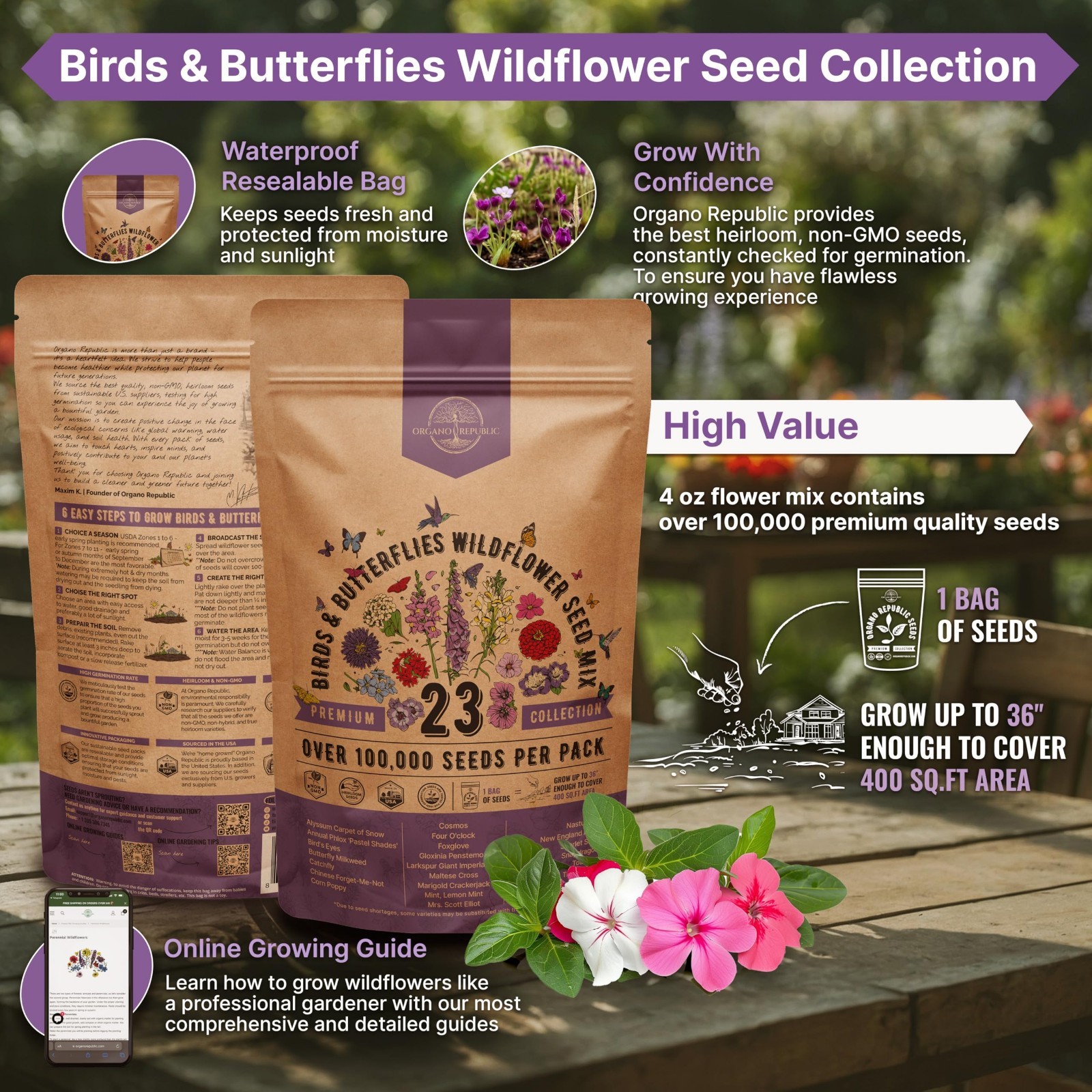 Wildflower Seeds Mix for Indoor & Outdoor Garden, Attract Birds & Butterflies, 1