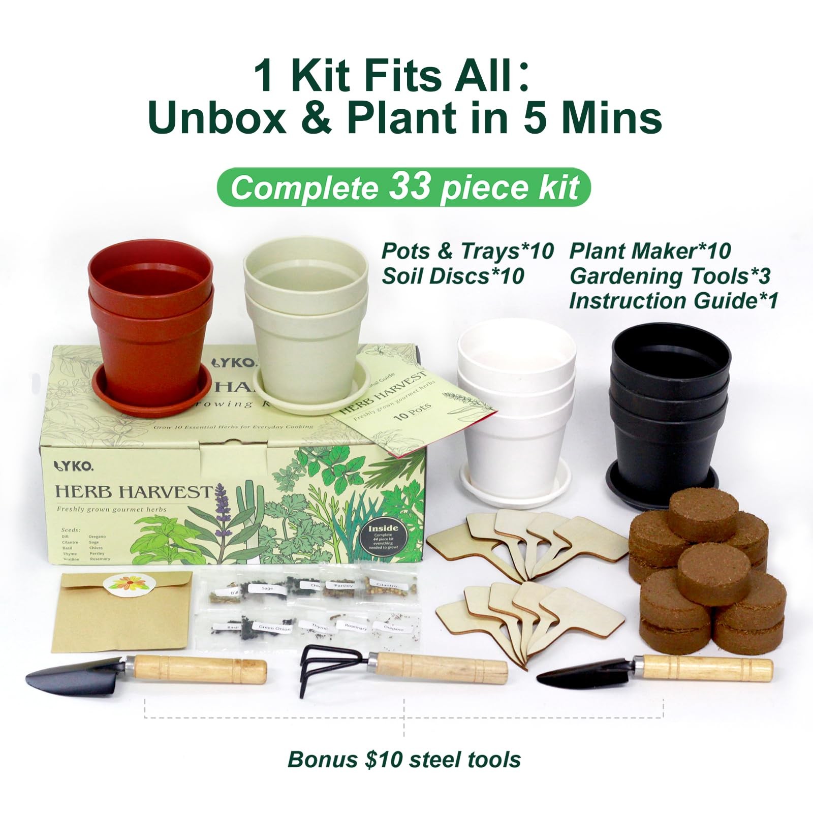 Indoor Herb Garden Kit – 33pcs Starter Set with Pots, Soil & Tools