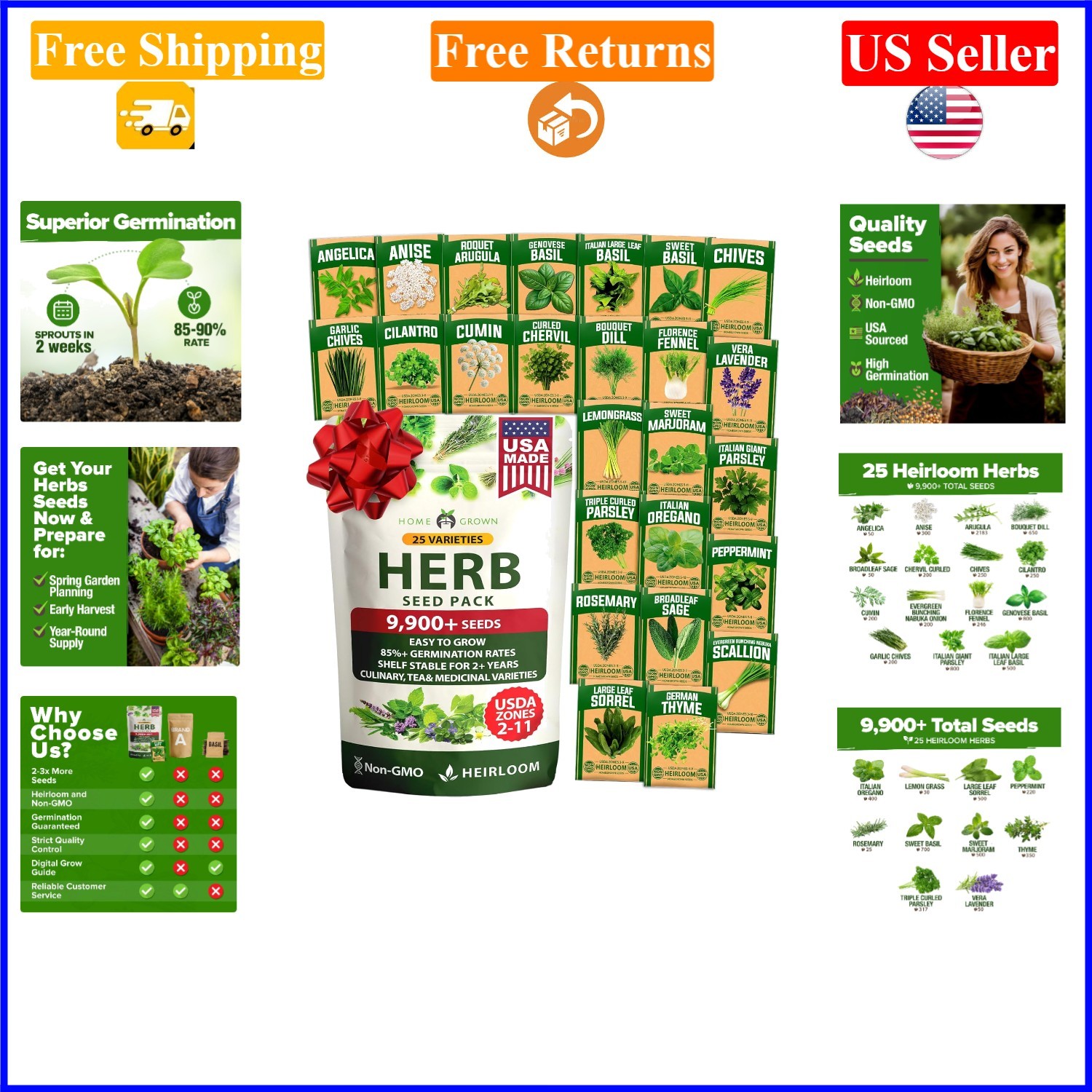 25 Non-GMO Herb Seeds Pack – Indoor/Outdoor, Heirloom, Multi-Color