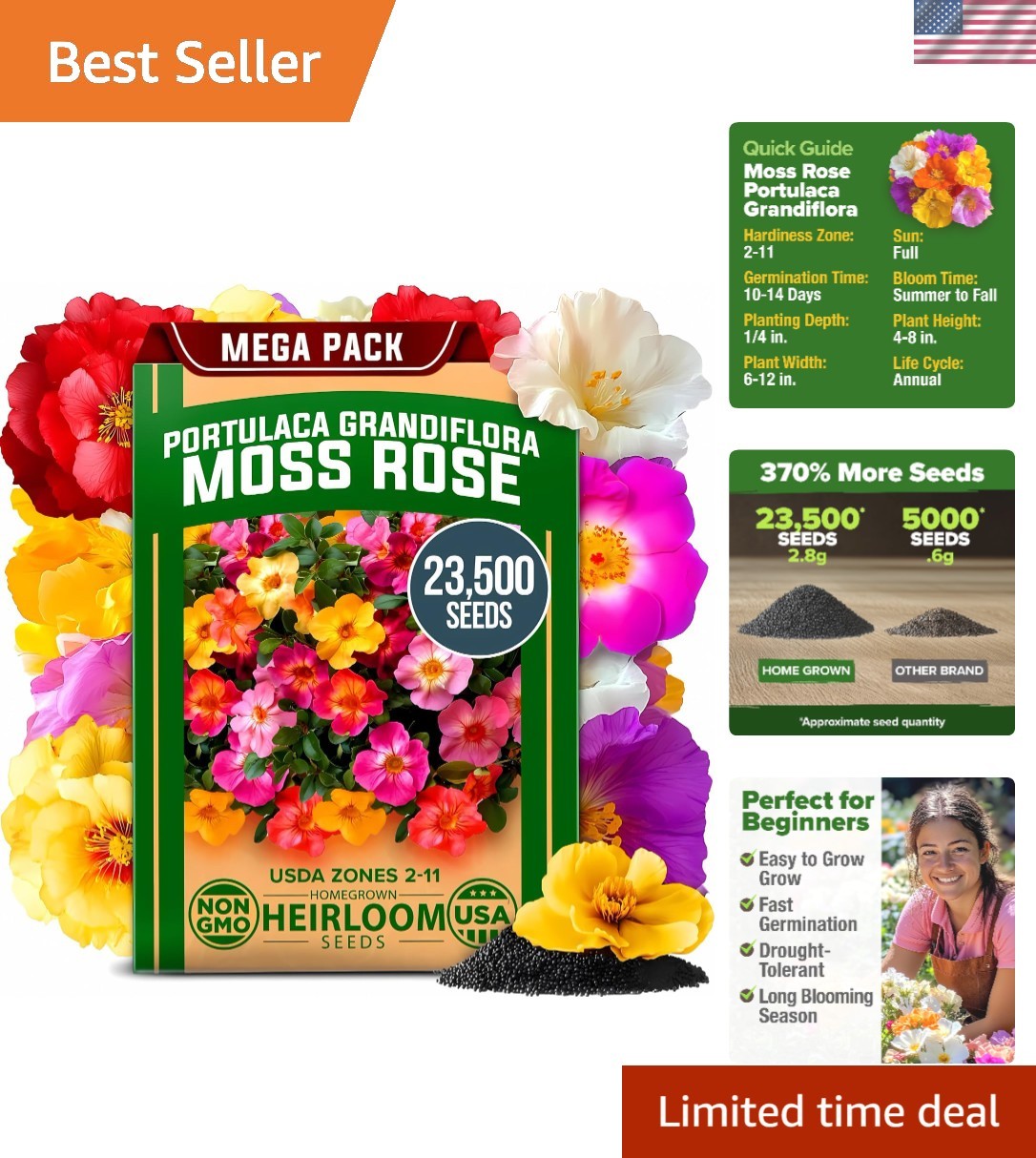 Annual Moss Rose Seeds Bulk Pack – 23,500+ For Gorgeous Spring to Fall Blooms