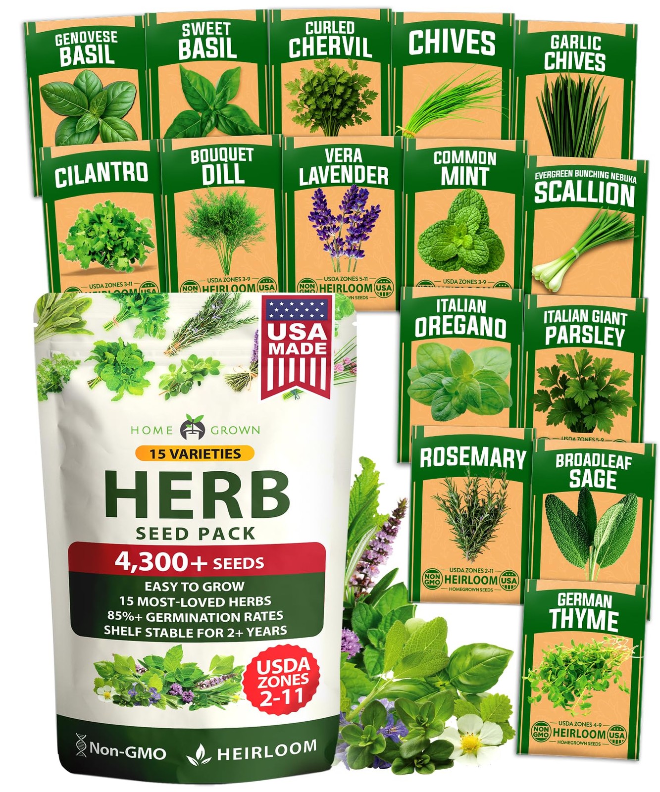 HOME GROWN Herb Seeds for Planting 15-Pack Massive Seed Count 4,300+ Seeds