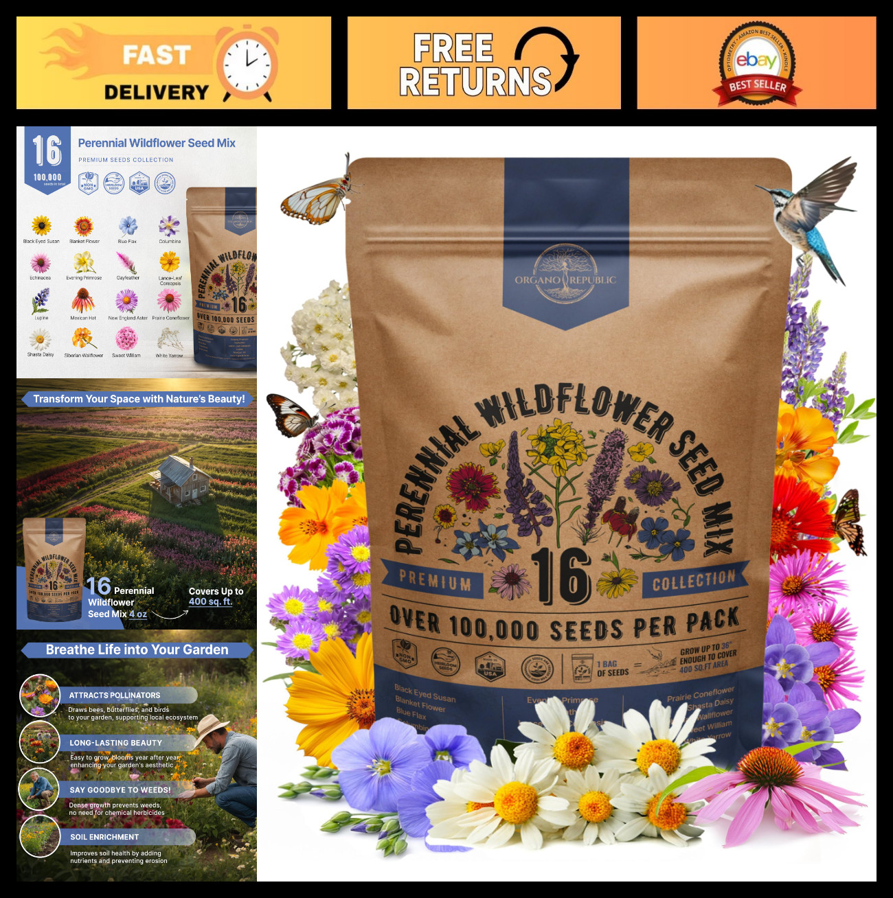 16 Perennial Wildflower Seed Mix – Non-GMO Heirloom Seeds for Indoor/Outdoor Gar