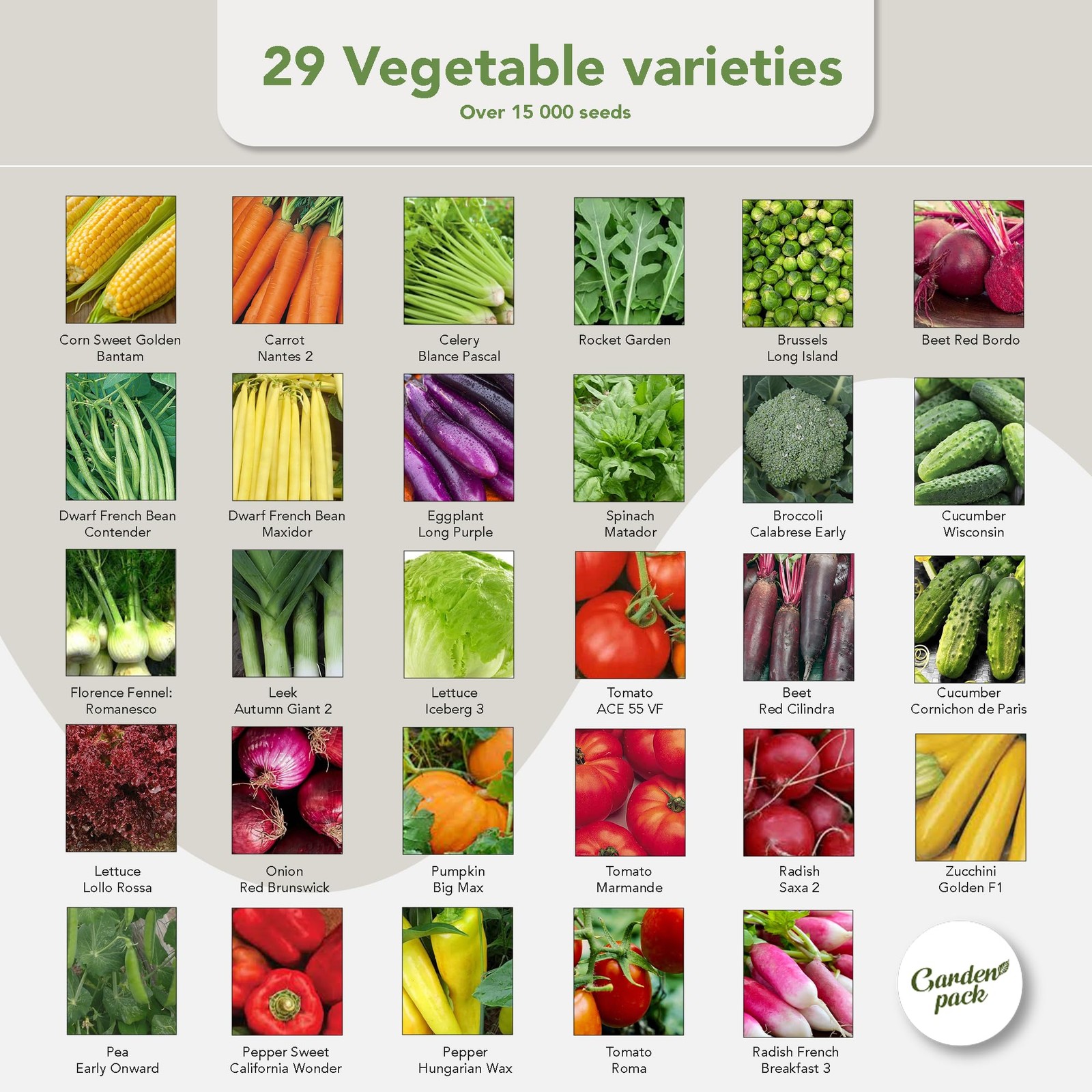 Seeds Pouch 50 Varieties Vegetable Herb Flower Seeds 25000 Non-GMO Heirloom