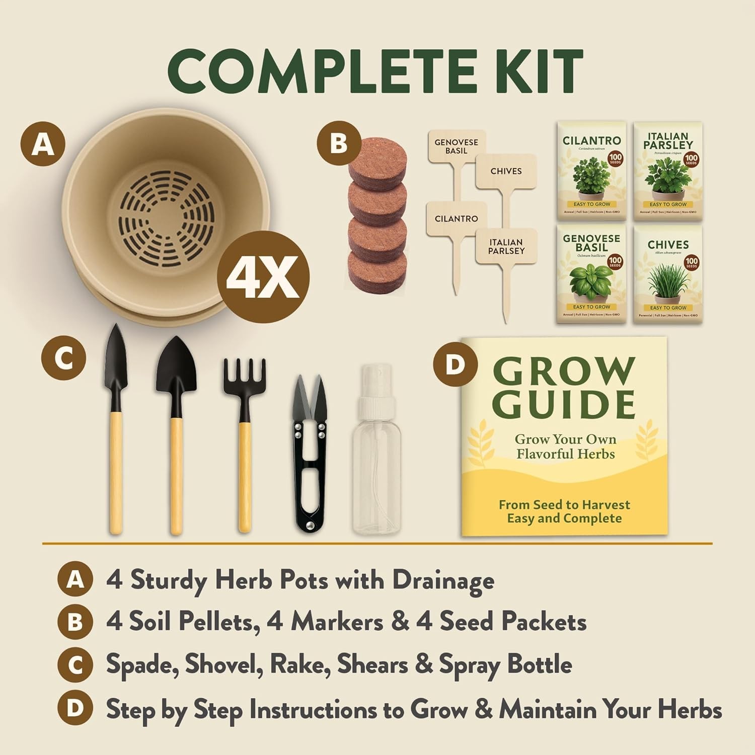 Herb Garden Starter Kit Indoor Grow Set w Pots Soil Seeds Tools