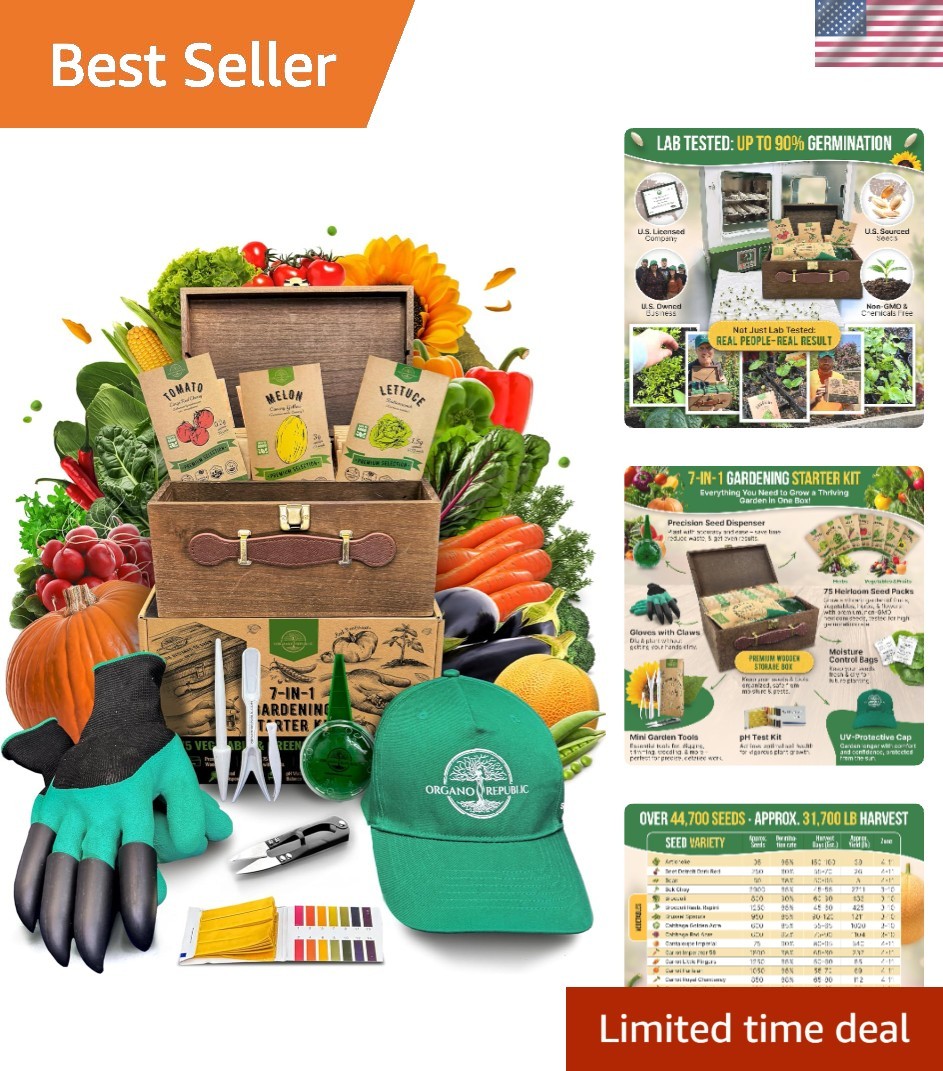 Gardening Gift Set: 75 Non-GMO Heirloom Seeds with Storage Box and Tools