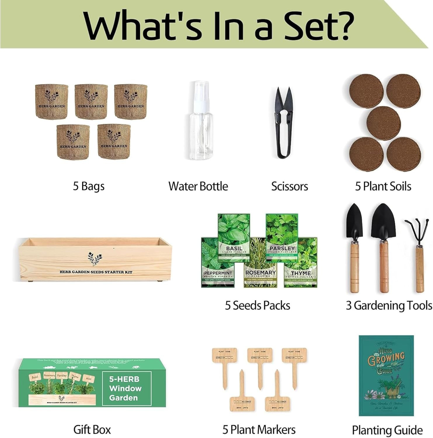 5 Herb Seeds Garden Starter Kit with Complete Planting Kit & Wooden Flower Box