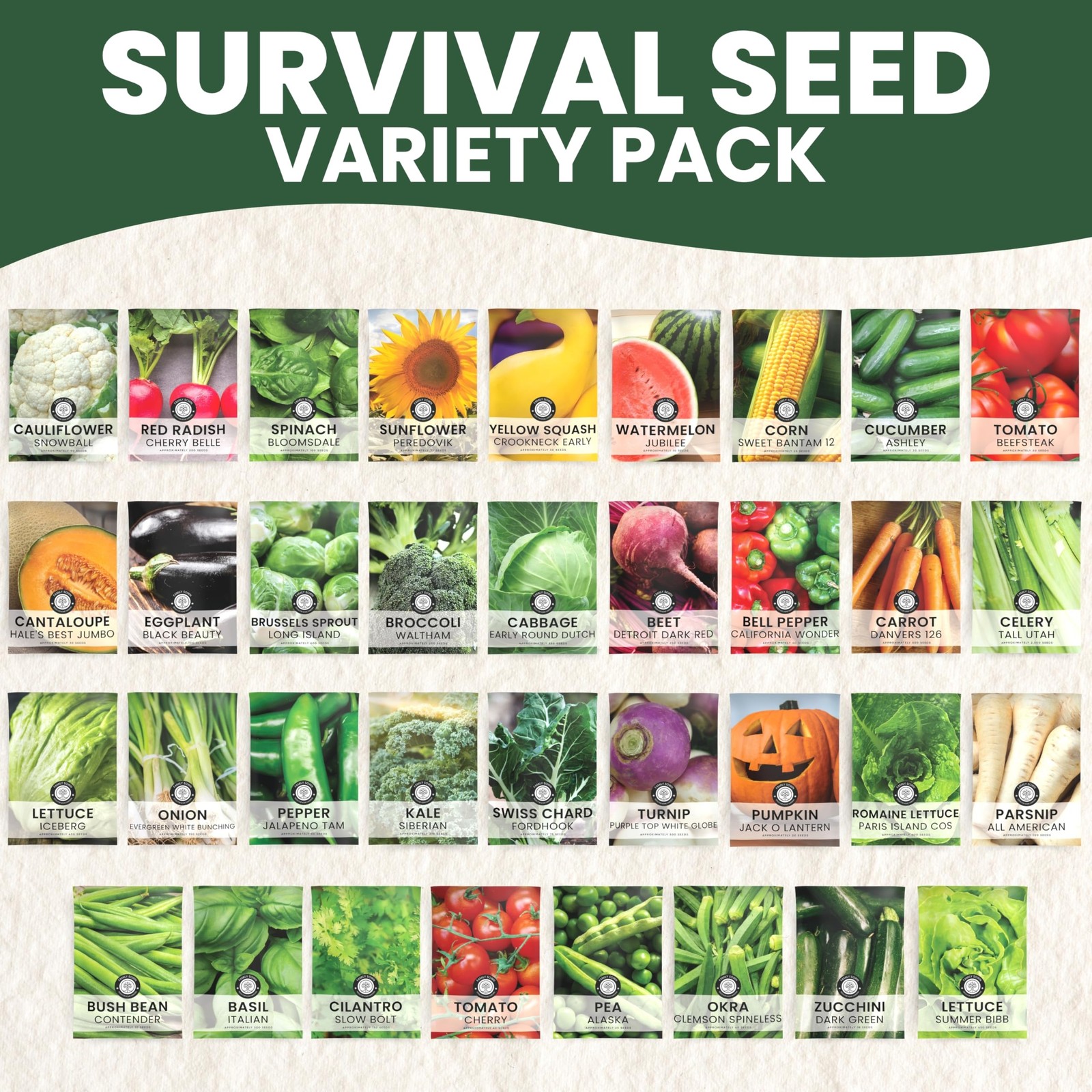 35 Vegetable Seed Packets | Survival Variety Pack | 2026 Season | Individuall…