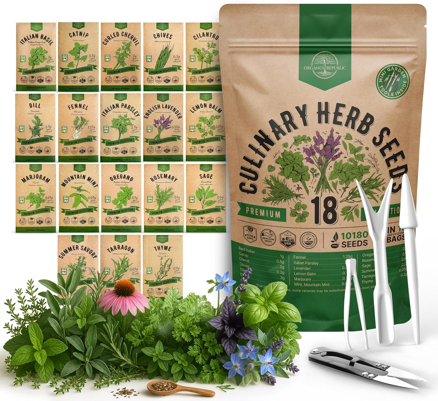 18 Culinary Herb Seeds Variety Pack – 10,180+ Heirloom, Non-GMO Seeds