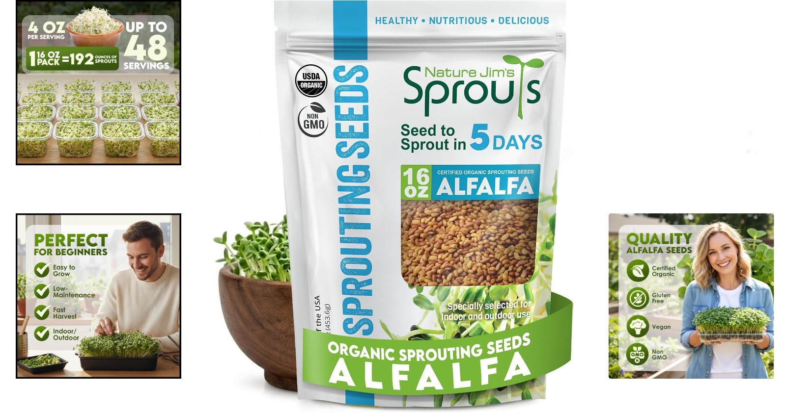 Fresh Organic Alfalfa Seeds – 16oz Non-GMO Sprouting Seeds for Healthy Meals