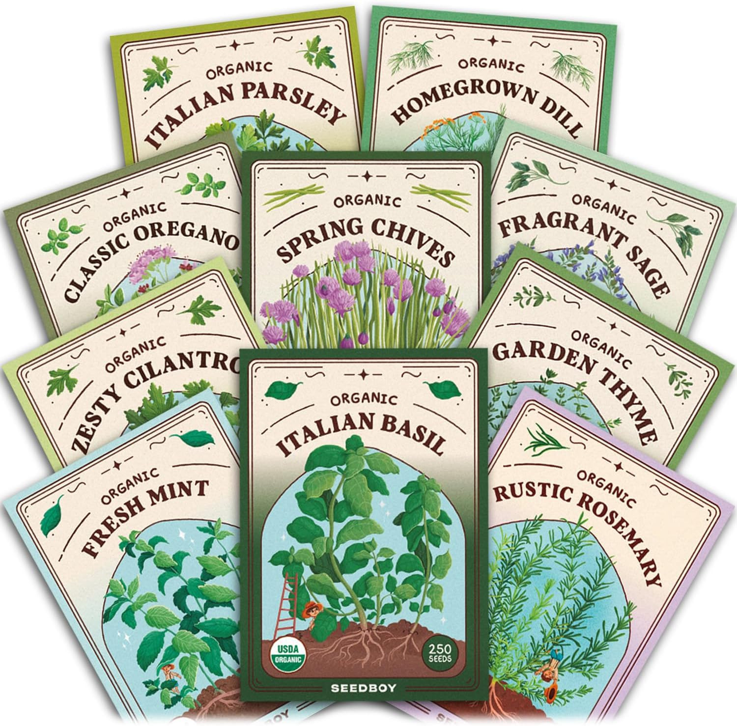 Organic Non GMO 10 Herb Variety Pack: Basil, Cilantro, Mint, Oregano, Parsley, T