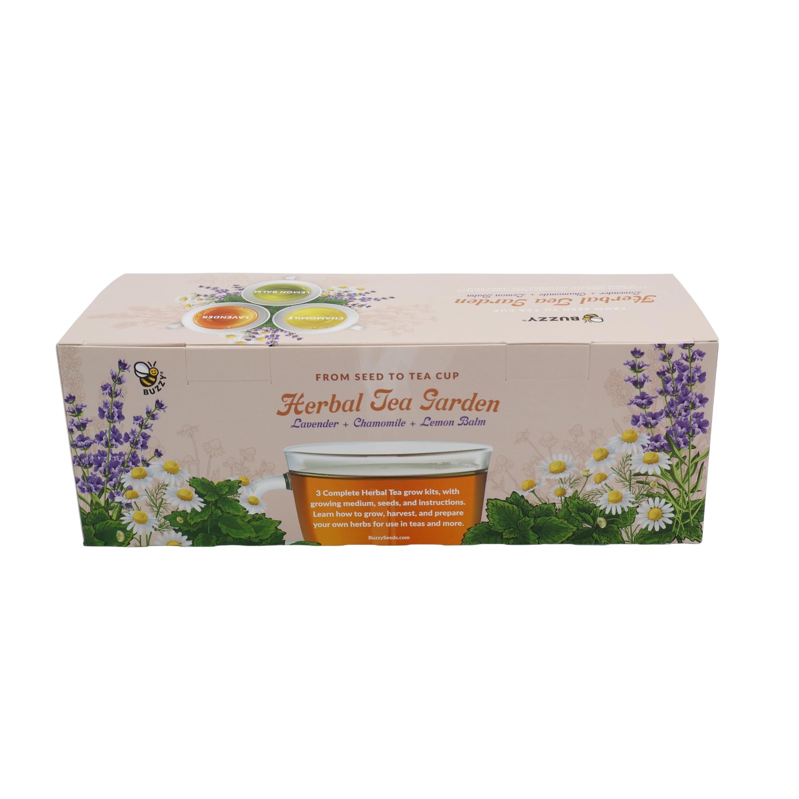 BUZZY Seeds Herbal Tea Garden Grow Kit – 3 Square Tin Planters with Lavender,…
