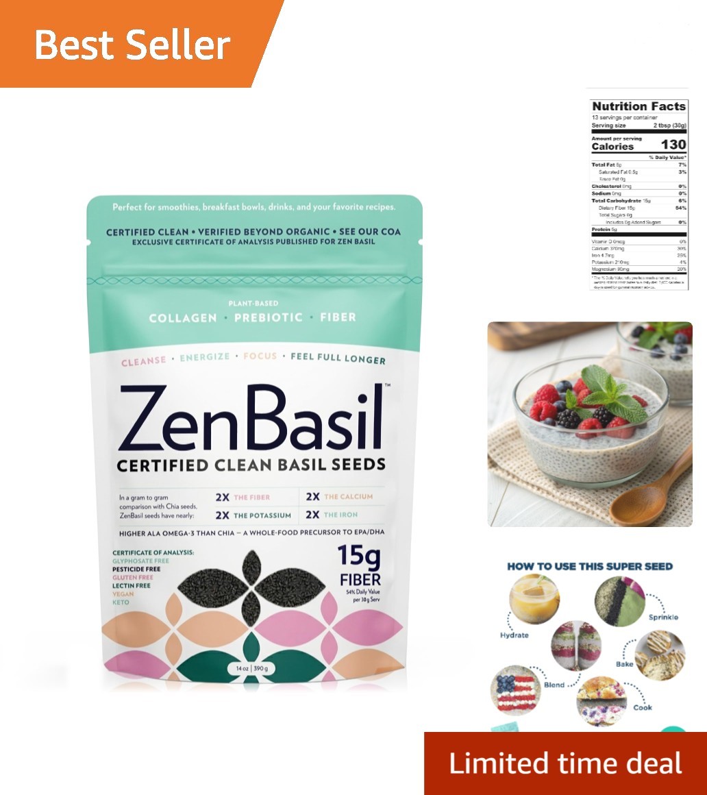 14oz Edible Basil Seeds – Kosher, & Gluten-Free Superfood – 15g Fiber/Serving