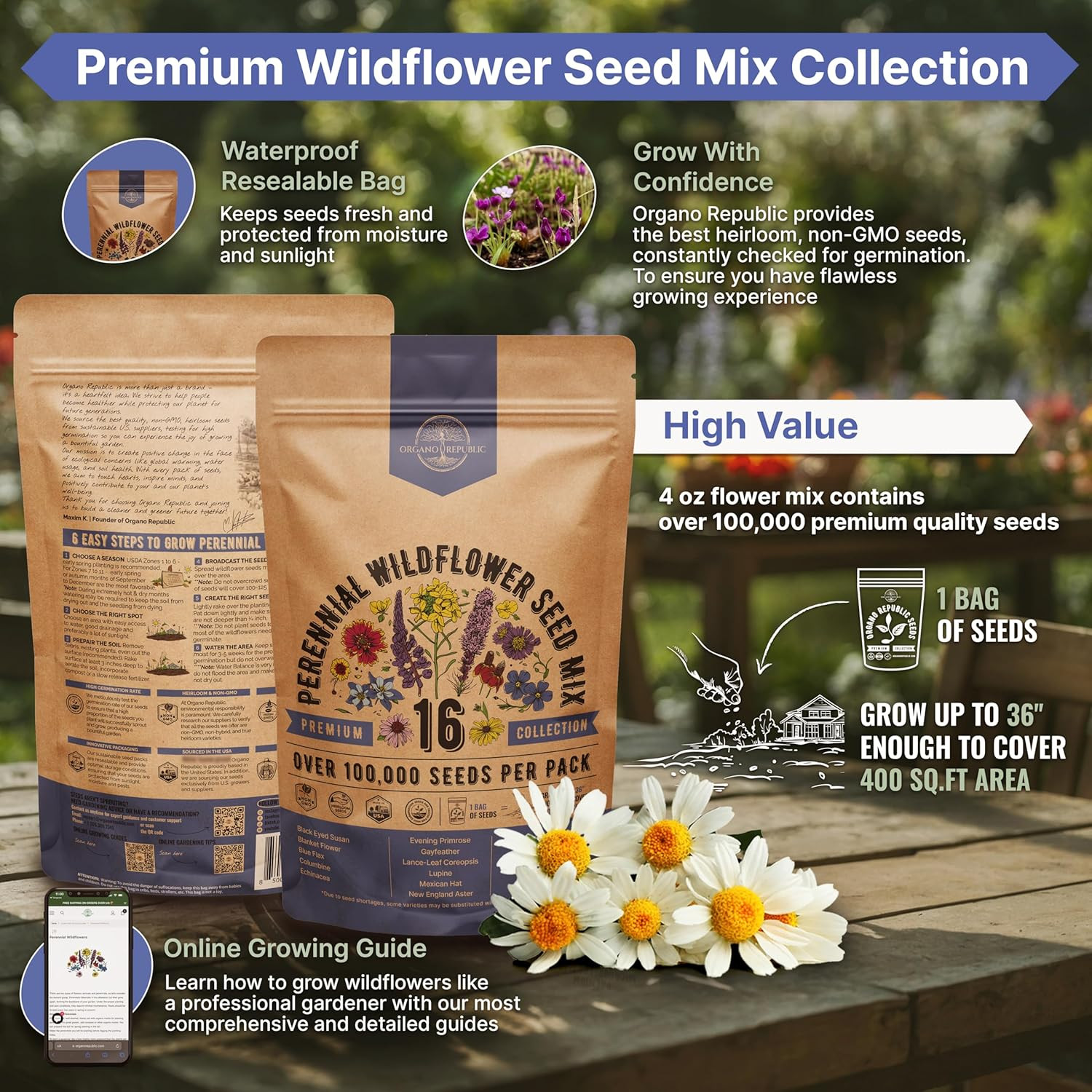 Organo Republic 16 Perennial Wildflower Seeds Mix for Indoor & Outdoors. 100,000