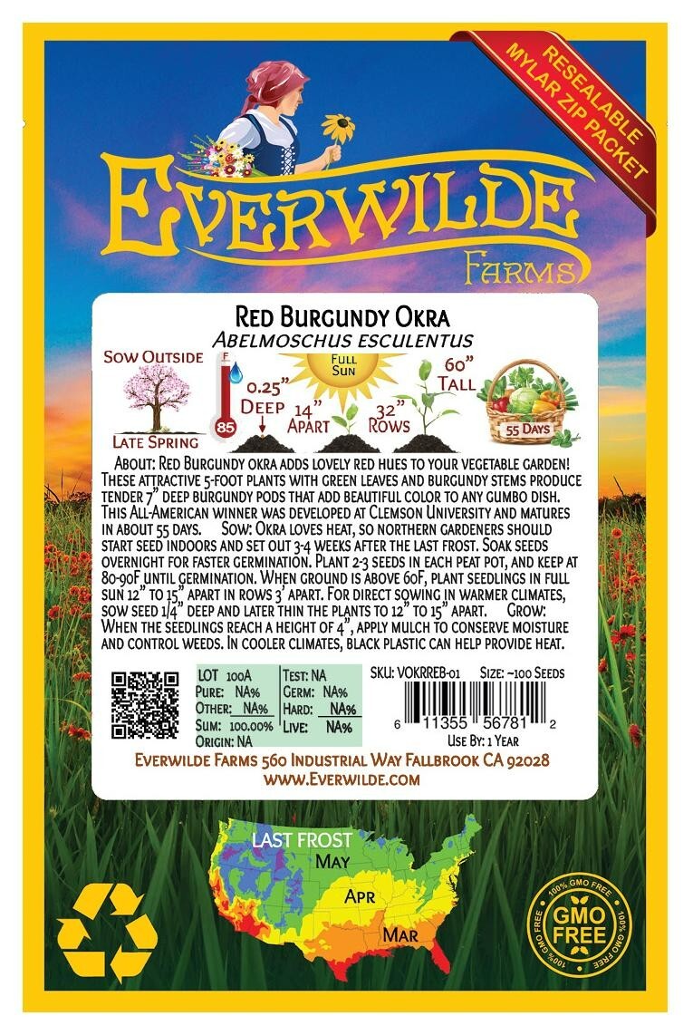100 Red Burgundy Okra Seeds – Everwilde Farms Mylar Seed Packet