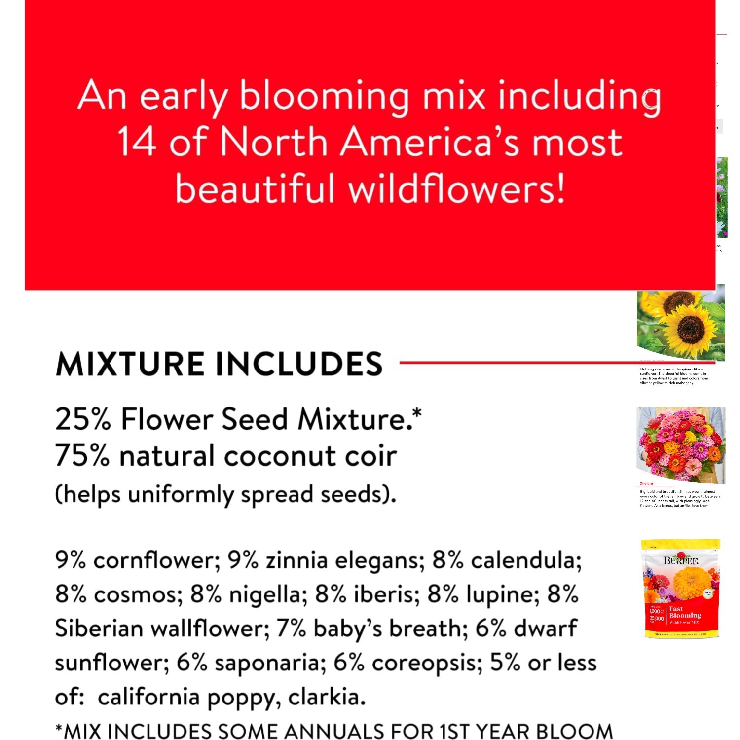 25,000 Non-GMO Fast Blooming Wildflower Seed Mix – 14 Varieties for Gardens