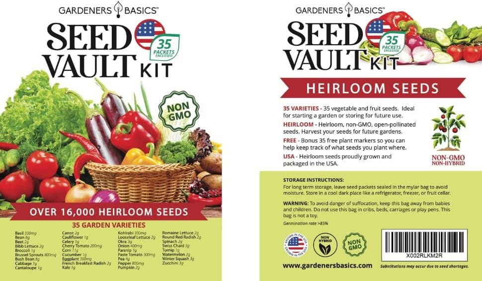 Heirloom Vegetable Seed Kit 35 Varieties 16000+ Non GMO Seeds Survival Garden