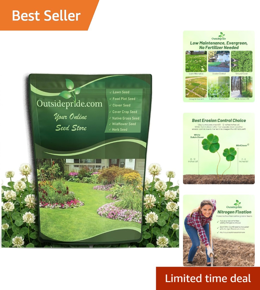White Dutch Clover Seeds 10 lbs Nitrocoated Erosion Control Lawn Alternative