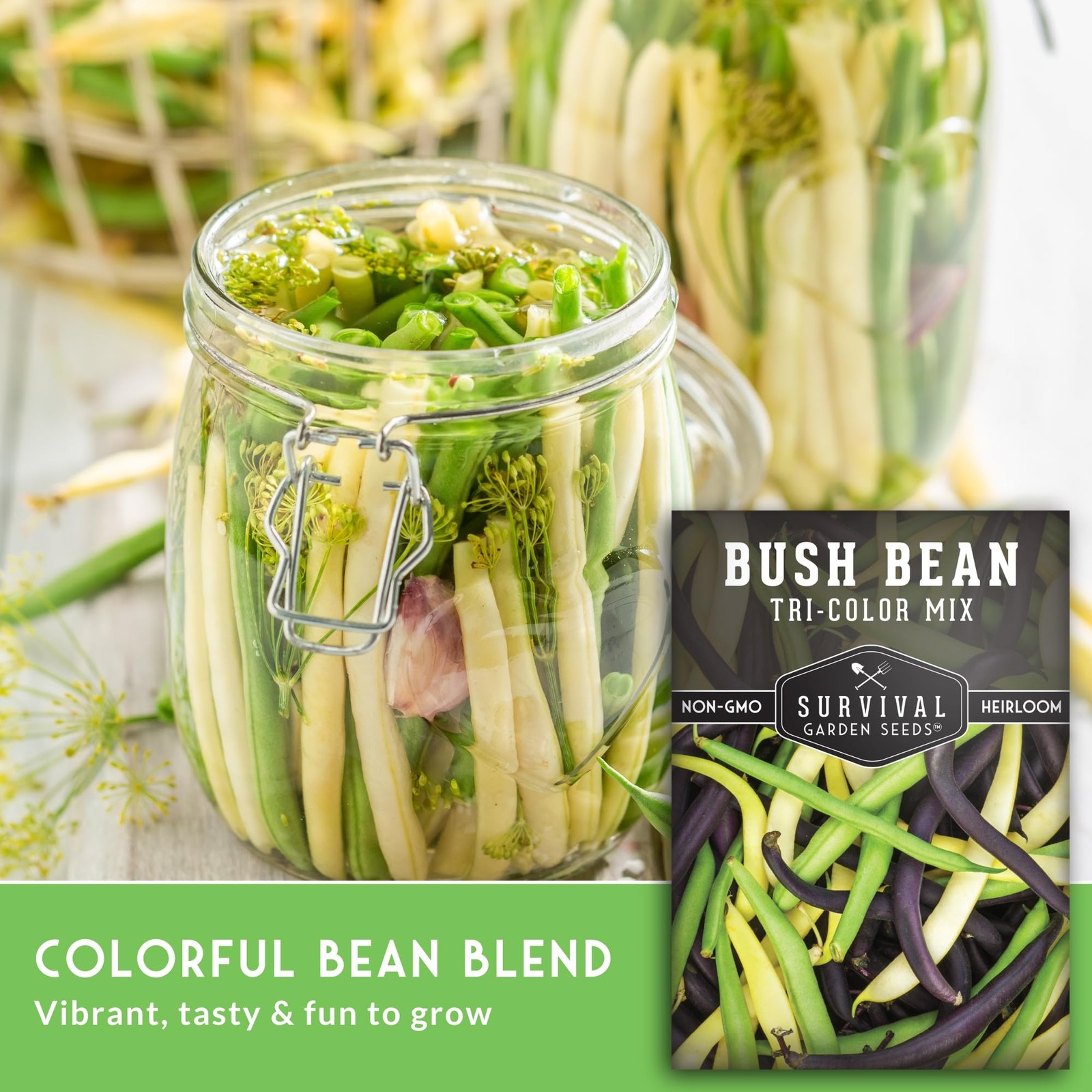 Heirloom Bush Bean Seeds Mix – Green, Yellow Wax, Purple – Non-GMO, High Yield