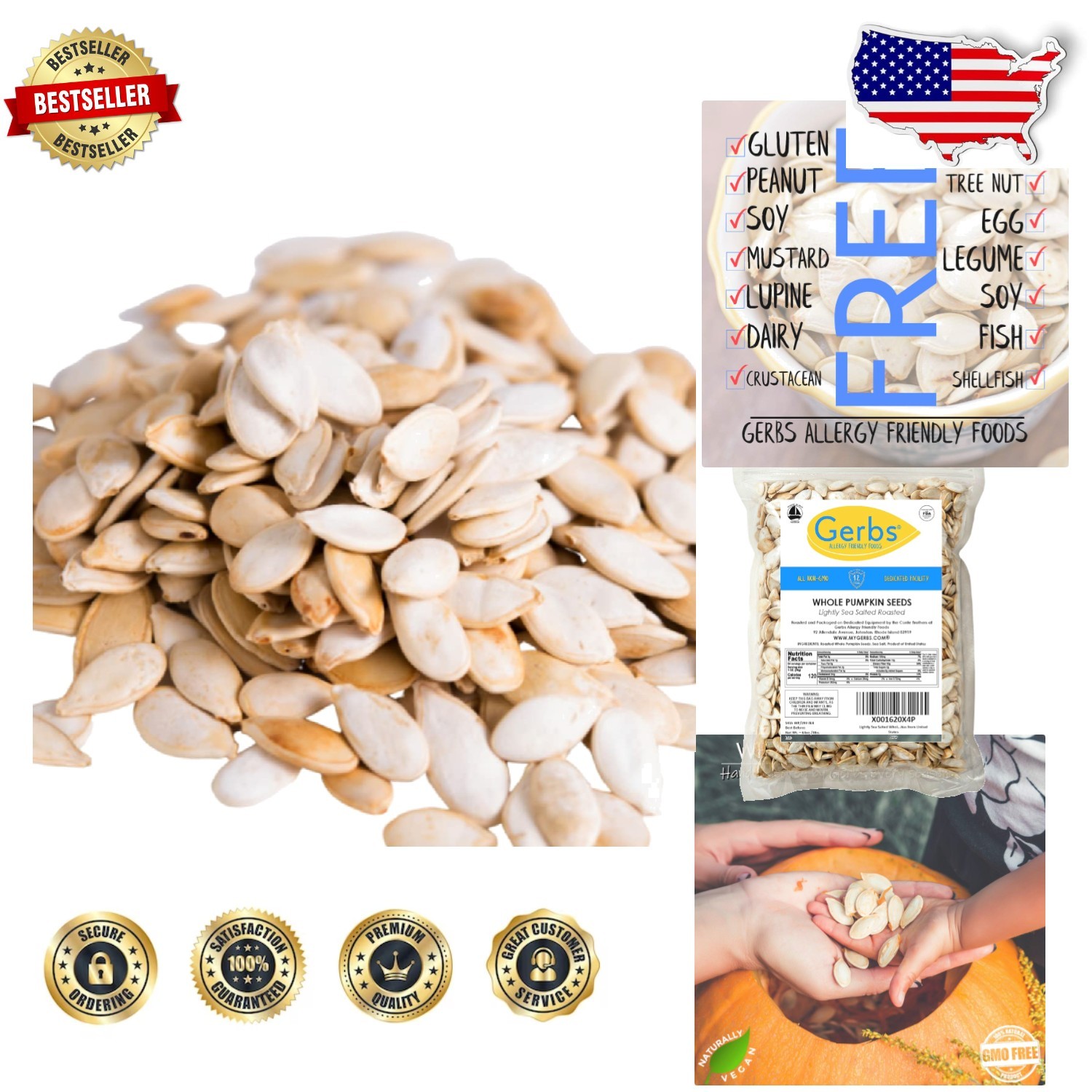 4LB Whole Pumpkin Seeds – Roasted, , Kosher, Allergen Free, Non-GMO Snack
