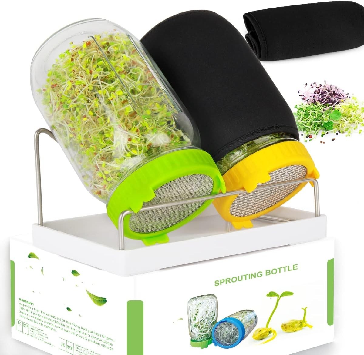 Durable Seed Sprouting Kit with 2 Glass Jars, Drain Tray & Eco-Friendly Design
