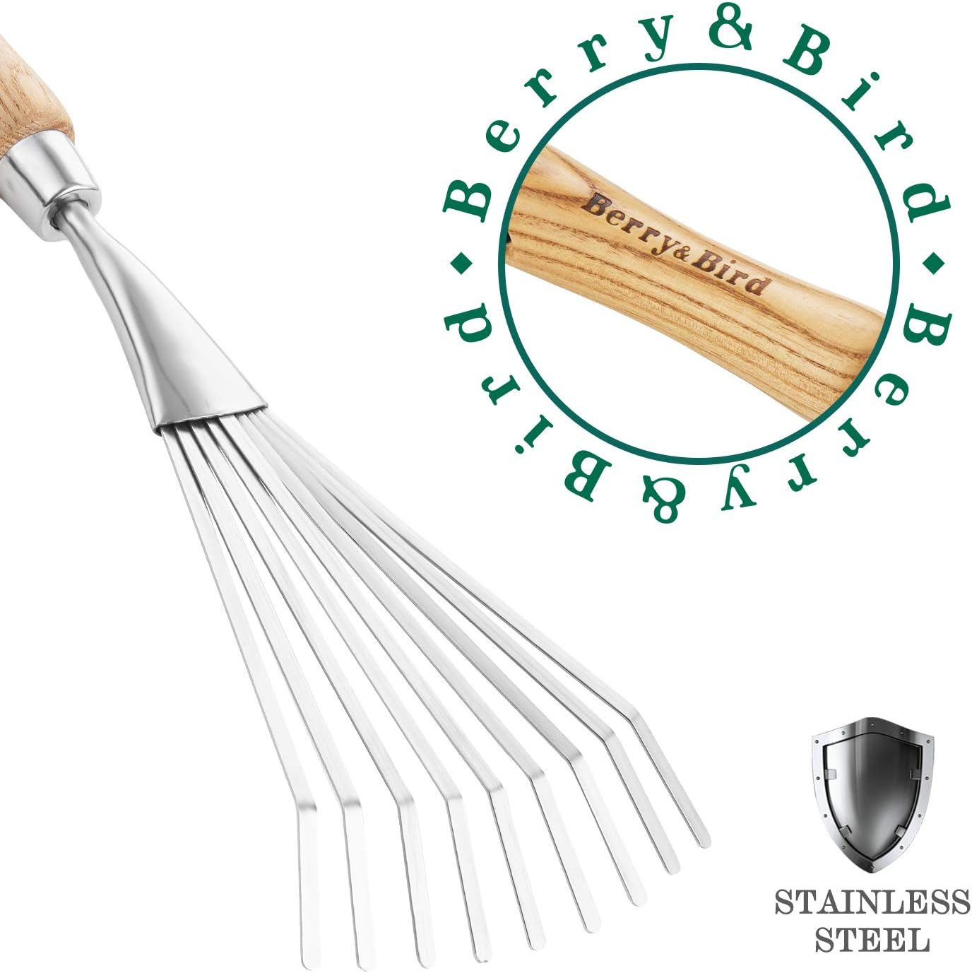 Gardening Hand Shrub Rake, 14.7″ Stainless Steel Grass Rake, 9 Tines Fan Lawn Le