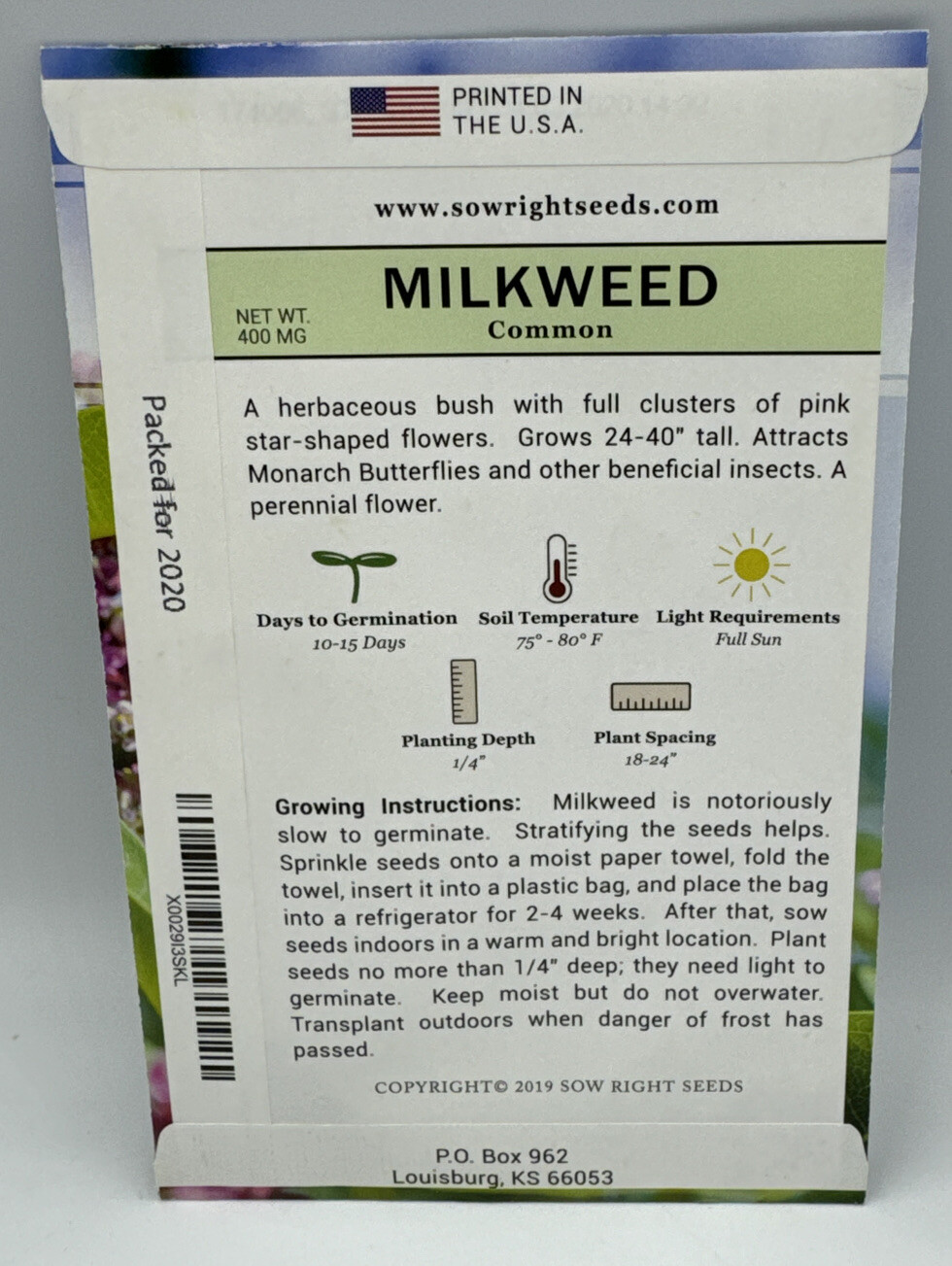 Common Milkweed Flower Seeds Packet 1/2 Gram by Sow Right Seeds. New