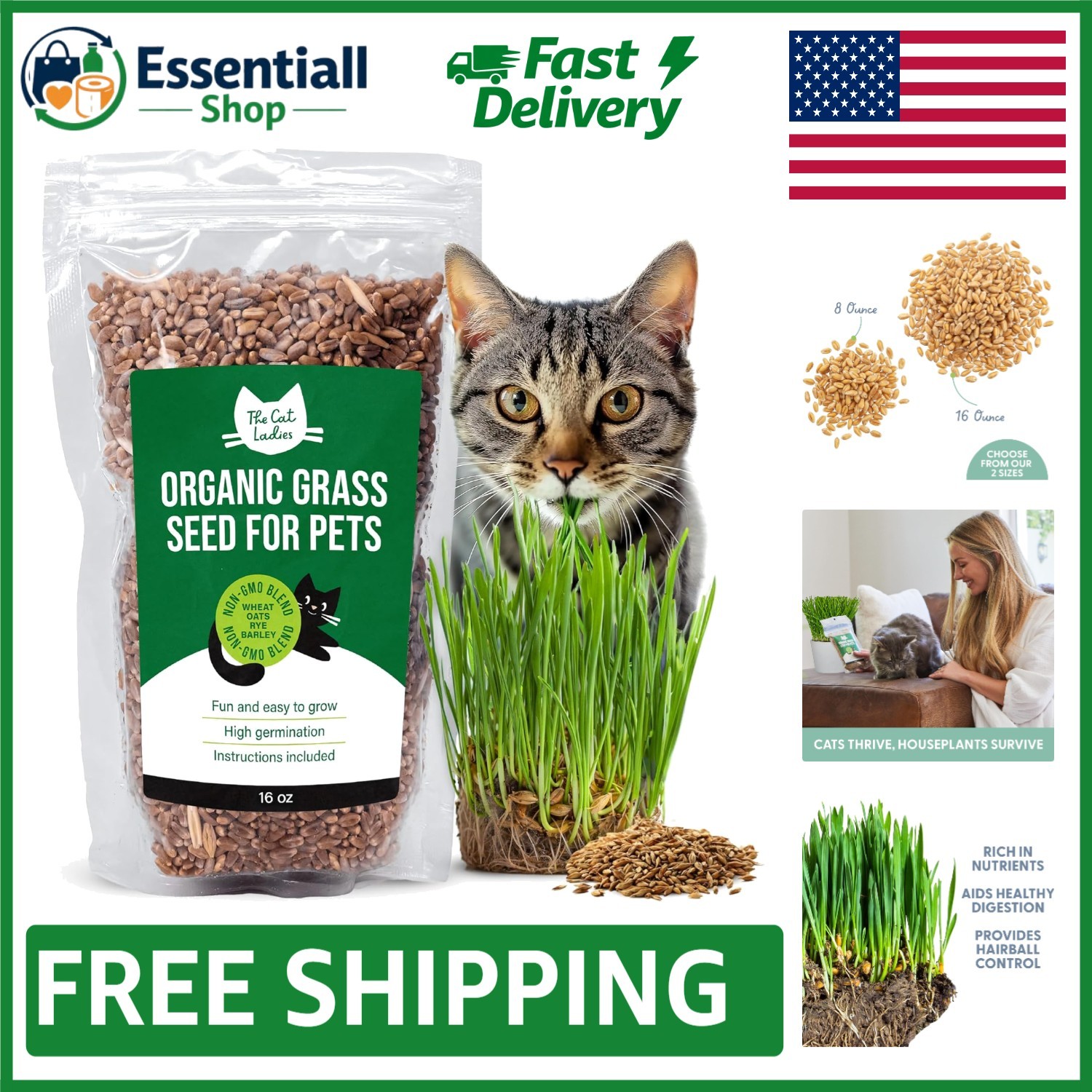 100% Organic Cat Grass – 16 oz of Non-GMO Seeds for -round Freshness